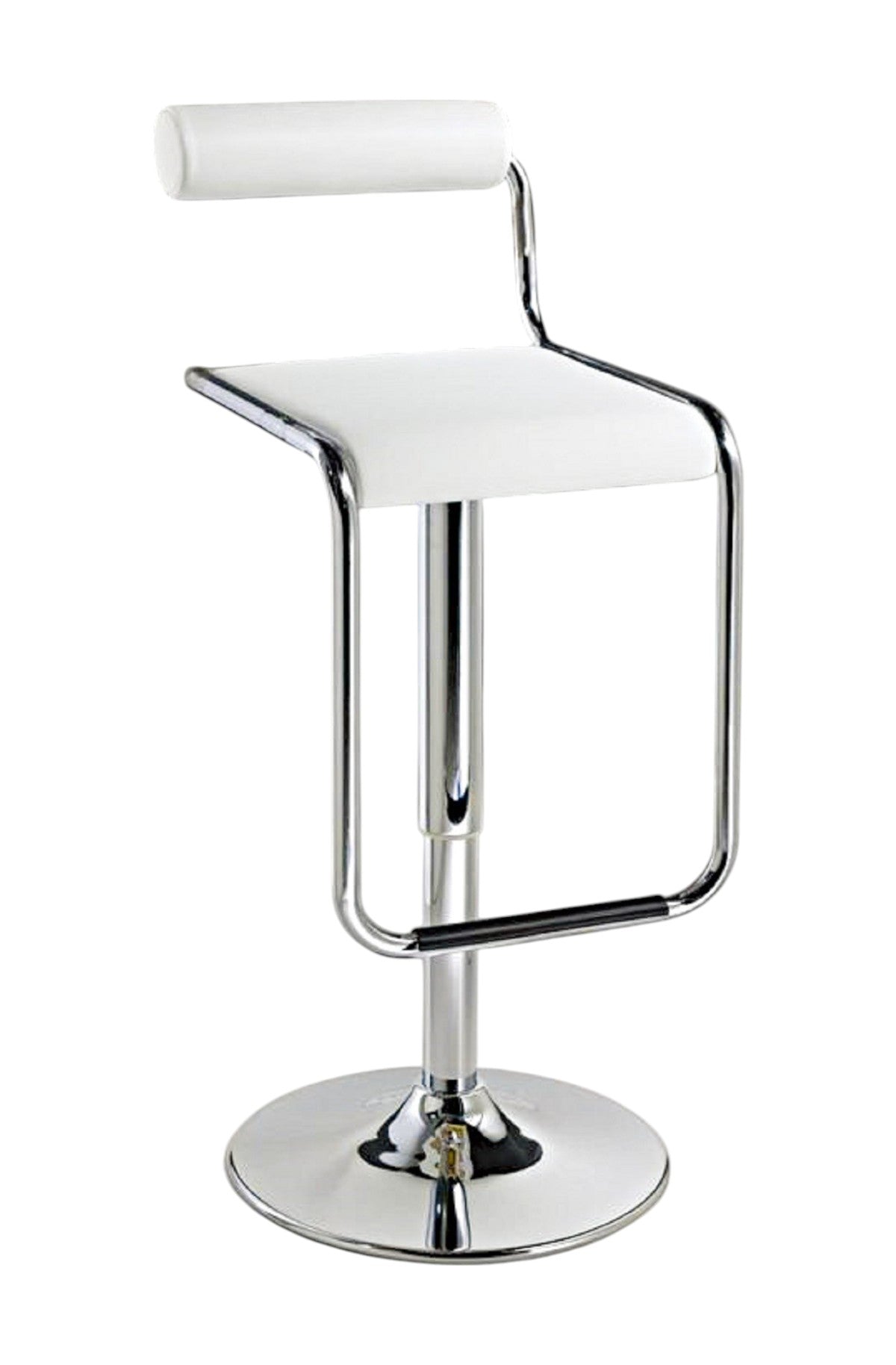White and Silver Faux Leather and Metal Low Back Adjustable Height Bar Chair