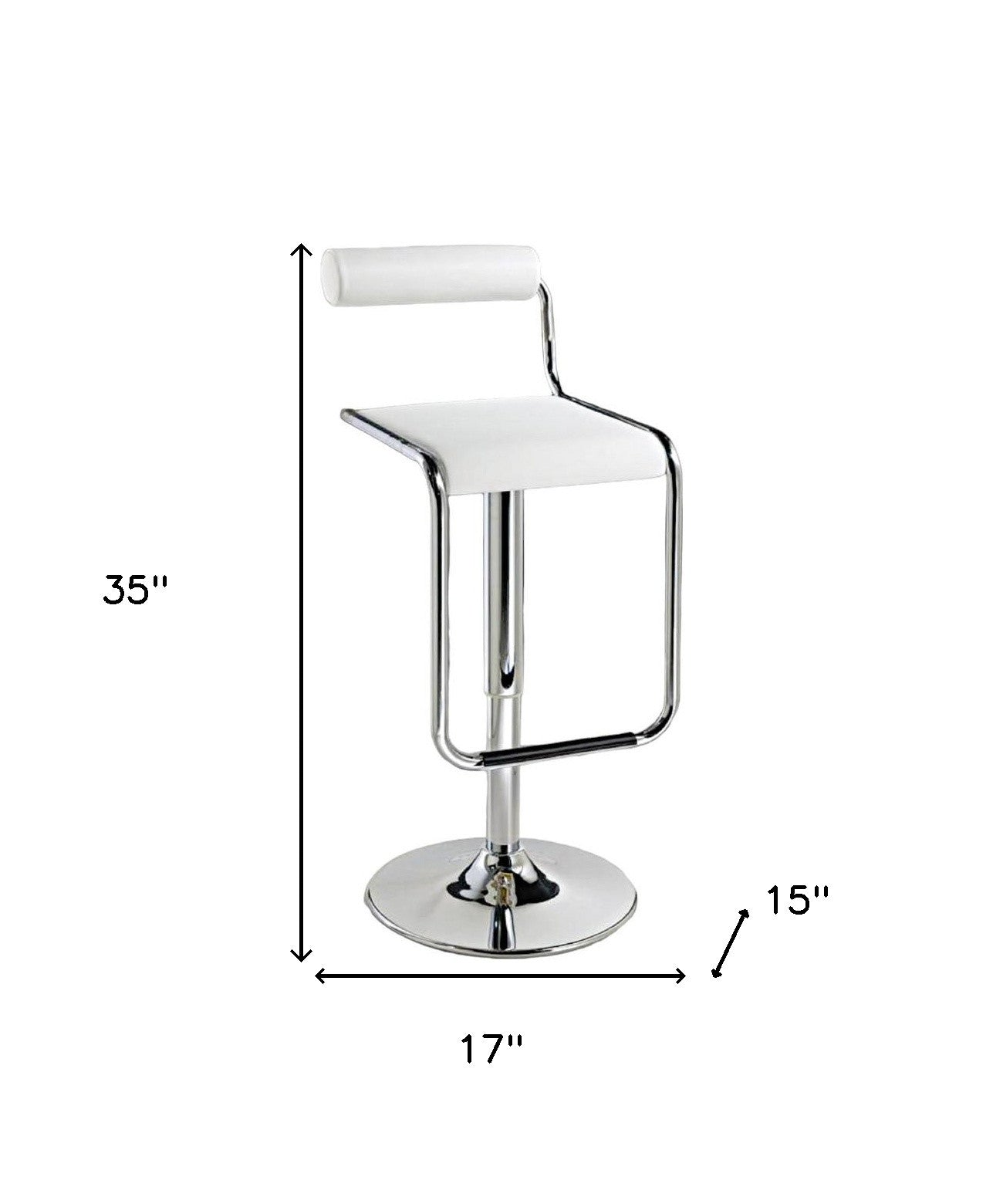 White and Silver Faux Leather and Metal Low Back Adjustable Height Bar Chair