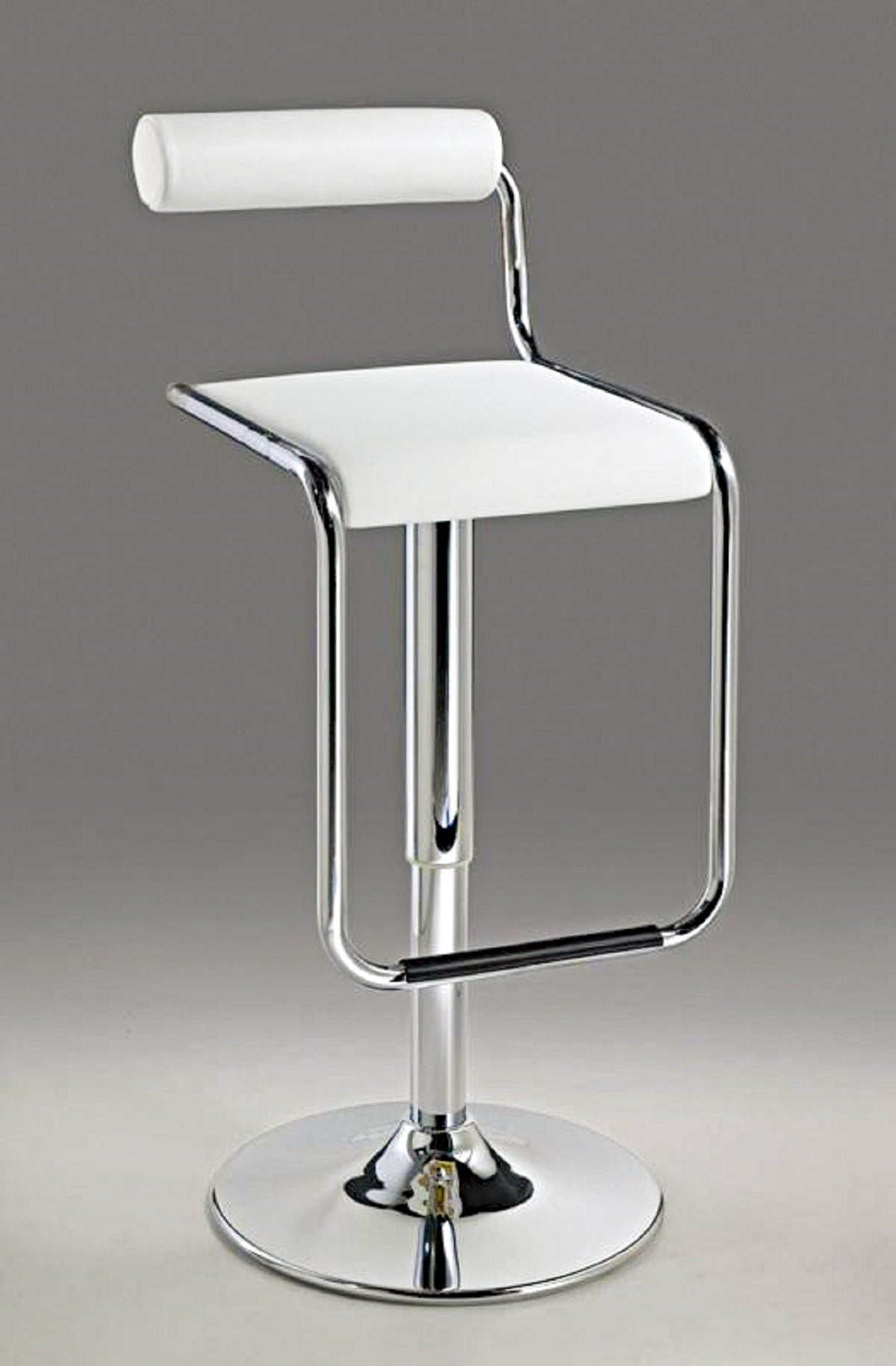 White and Silver Faux Leather and Metal Low Back Adjustable Height Bar Chair