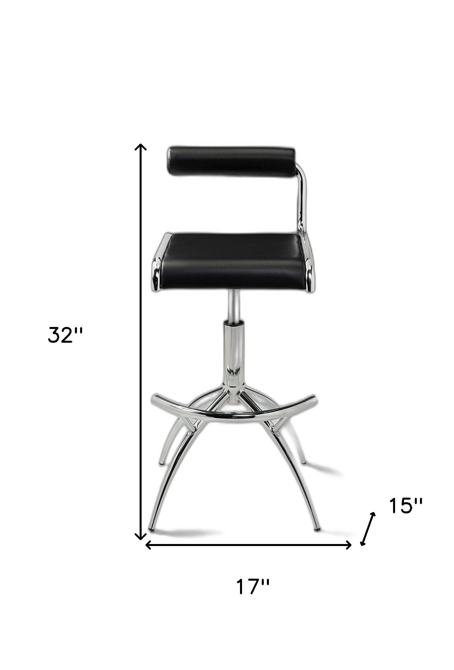 Set of Two Black and Silver Faux Leather and Metal Low Back Adjustable Height Bar Chairs