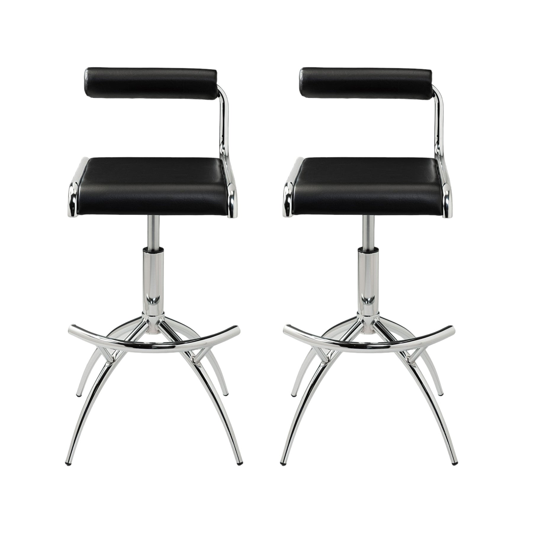 Set of Two Black and Silver Faux Leather and Metal Low Back Adjustable Height Bar Chairs