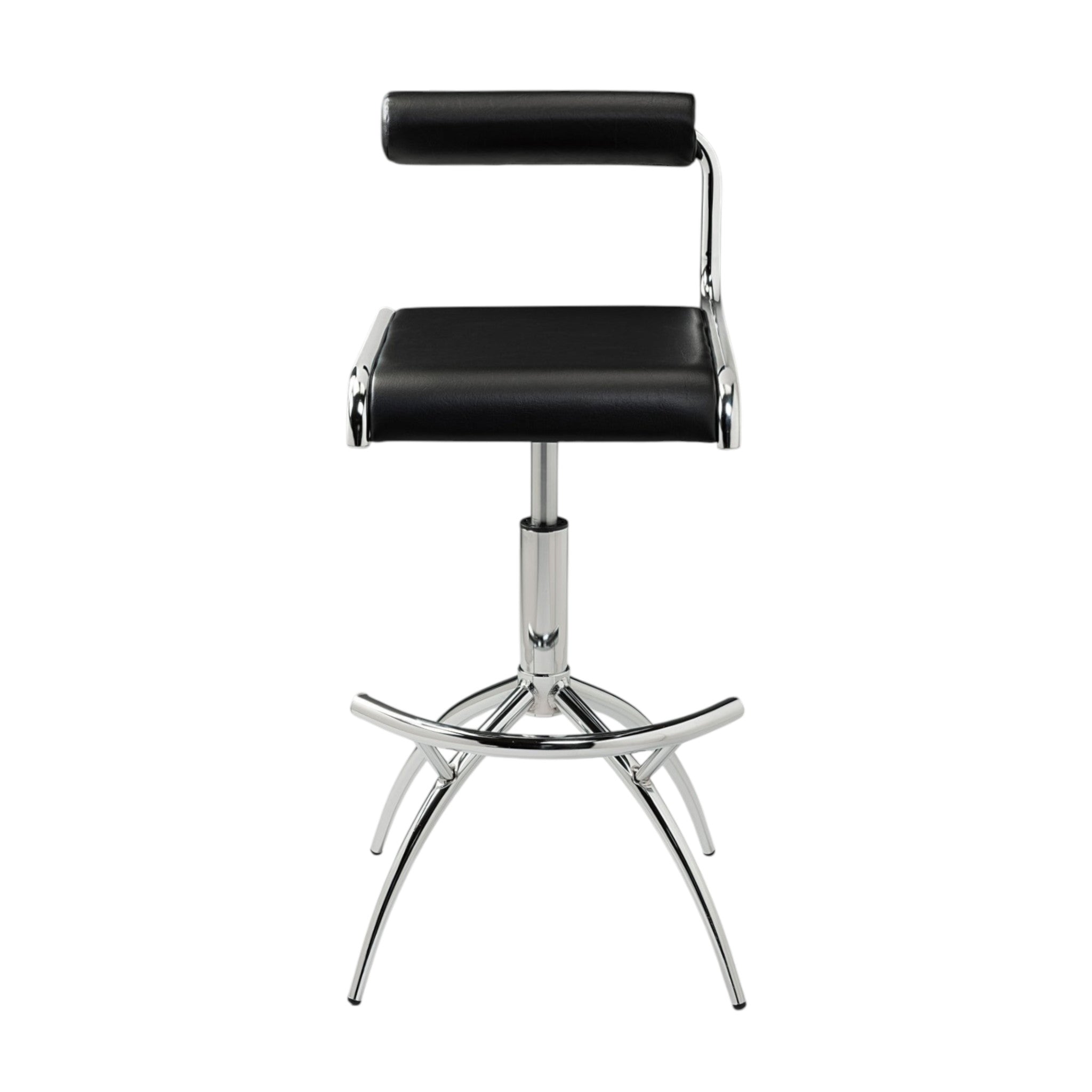 Set of Two Black and Silver Faux Leather and Metal Low Back Adjustable Height Bar Chairs