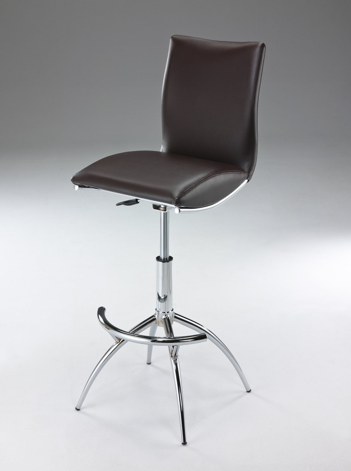 Set of Two Brown and Silver Metal and Faux Leather Low Back Adjustable Height Bar Chairs