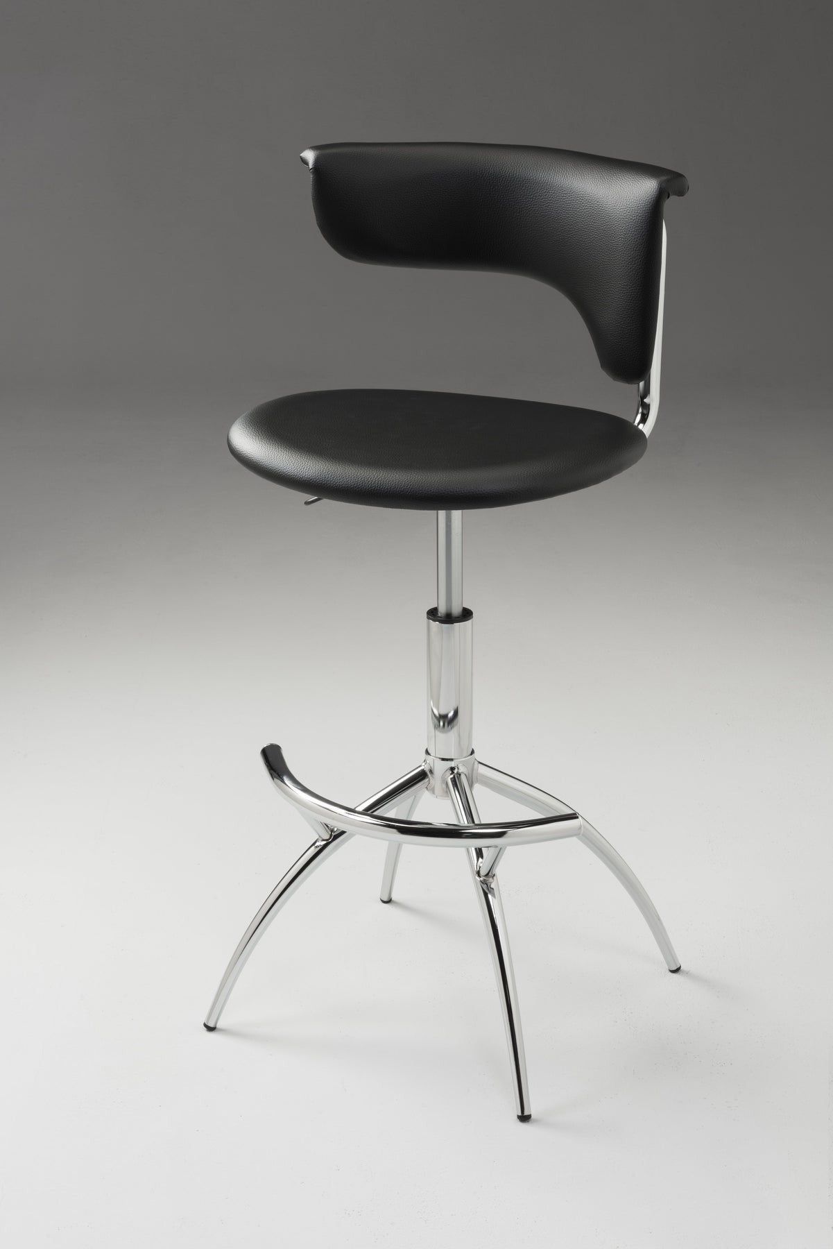 Set of Two Black and Silver Metal and Faux Leather Low Back Adjustable Height Bar Chairs