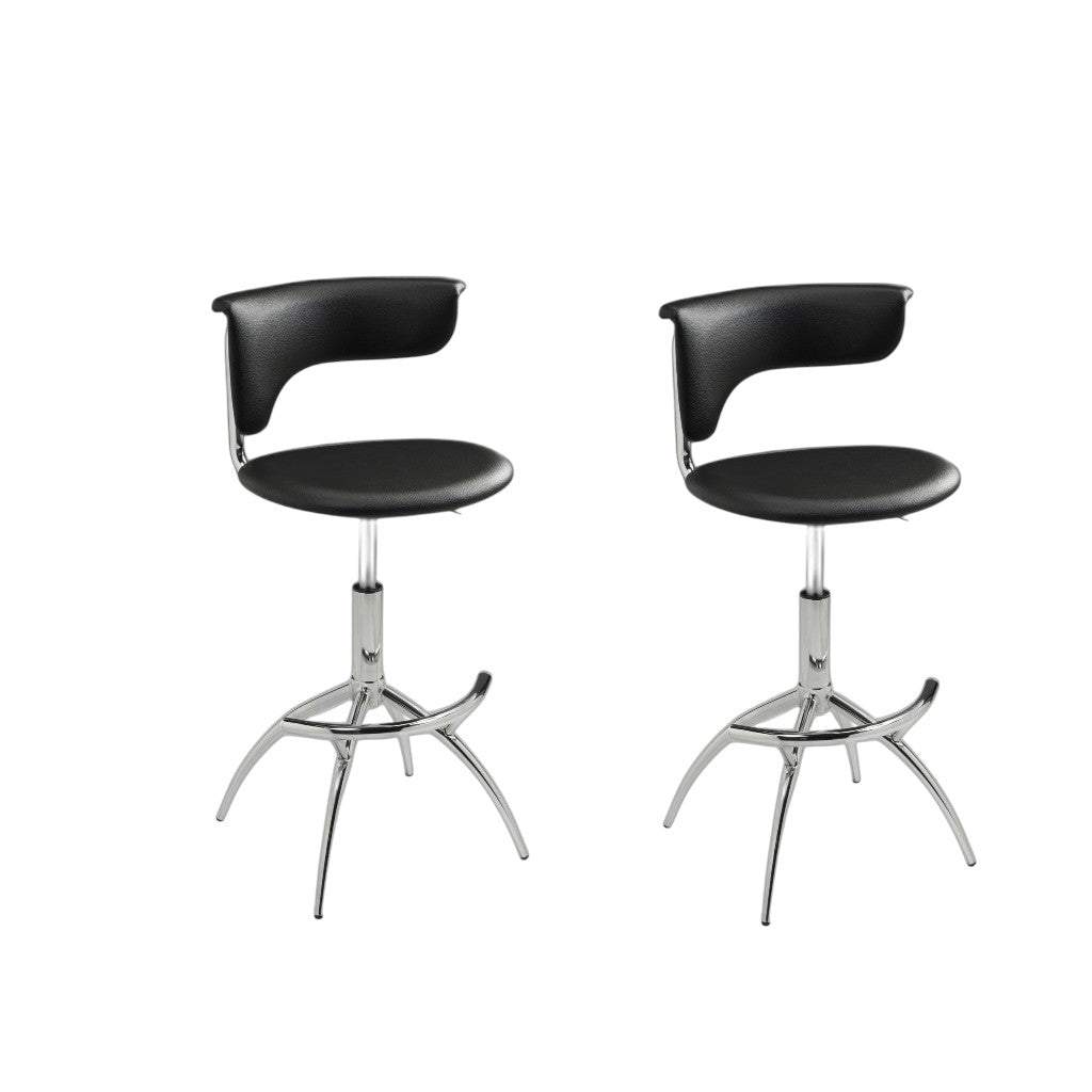 Set of Two Black and Silver Metal and Faux Leather Low Back Adjustable Height Bar Chairs