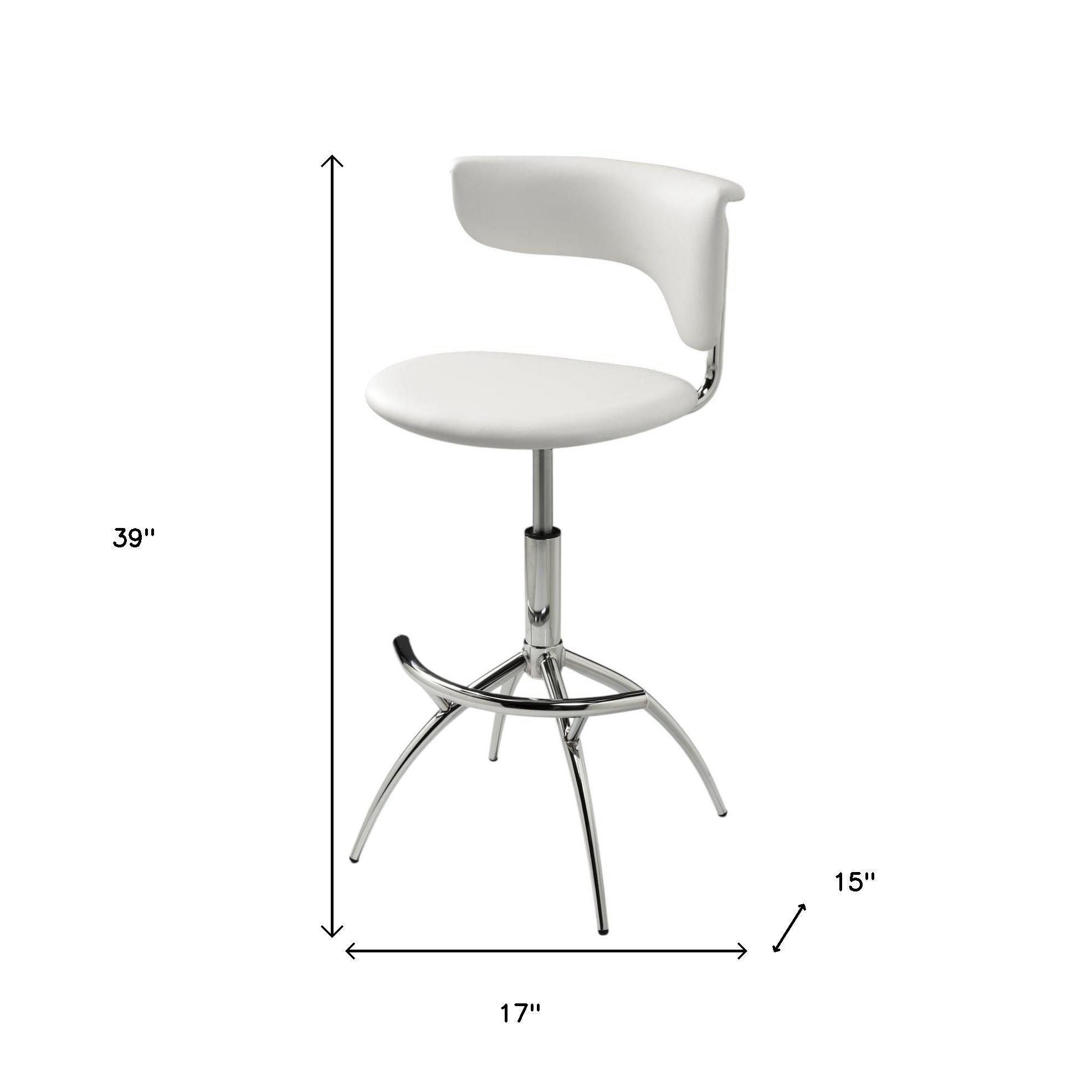 Set of Two White and Silver Metal and Faux Leather Low Back Adjustable Height Bar Chairs