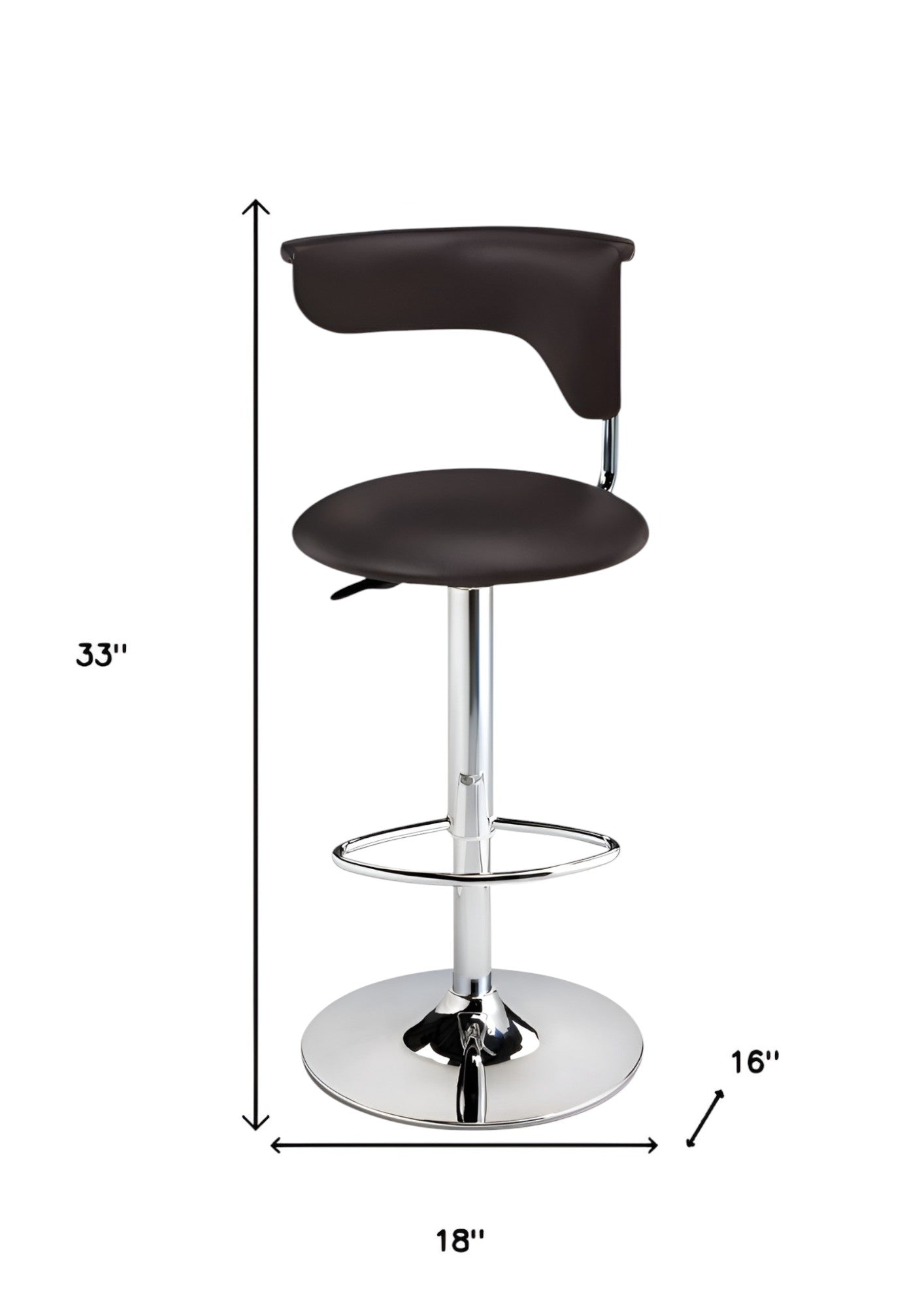 Dark Brown and Silver Faux Leather and Metal Low Back Adjustable Height Bar Chair