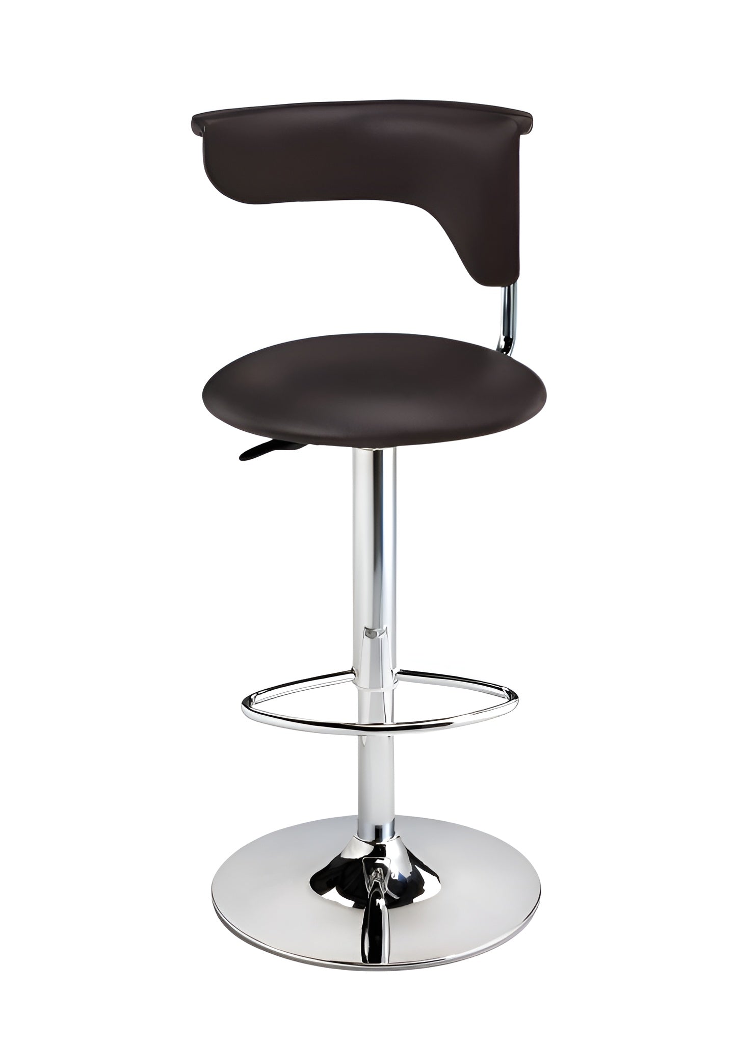 Dark Brown and Silver Faux Leather and Metal Low Back Adjustable Height Bar Chair