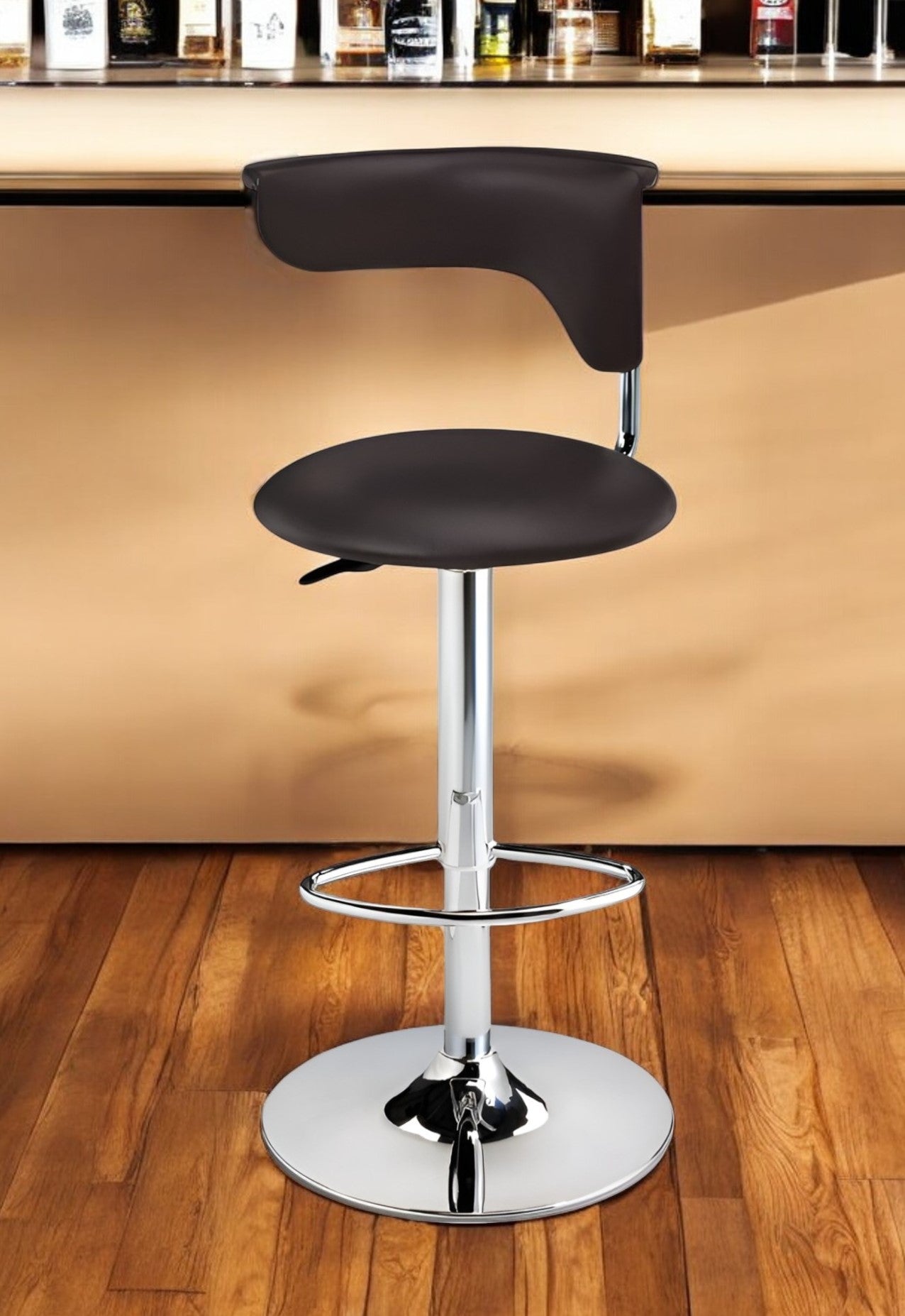 Dark Brown and Silver Faux Leather and Metal Low Back Adjustable Height Bar Chair
