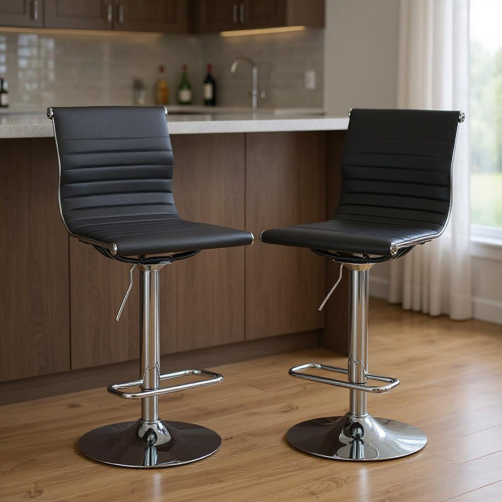 Set of Two Black and Silver Faux Leather and Metal Low Back Adjustable Height Bar Chairs