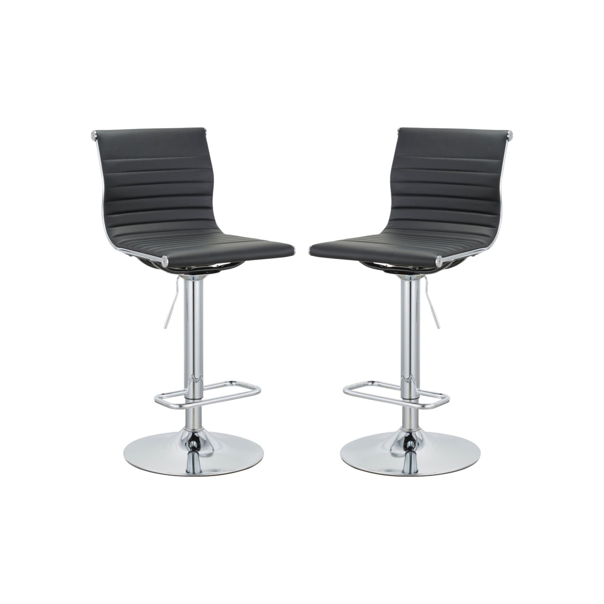 Set of Two Black and Silver Faux Leather and Metal Low Back Adjustable Height Bar Chairs