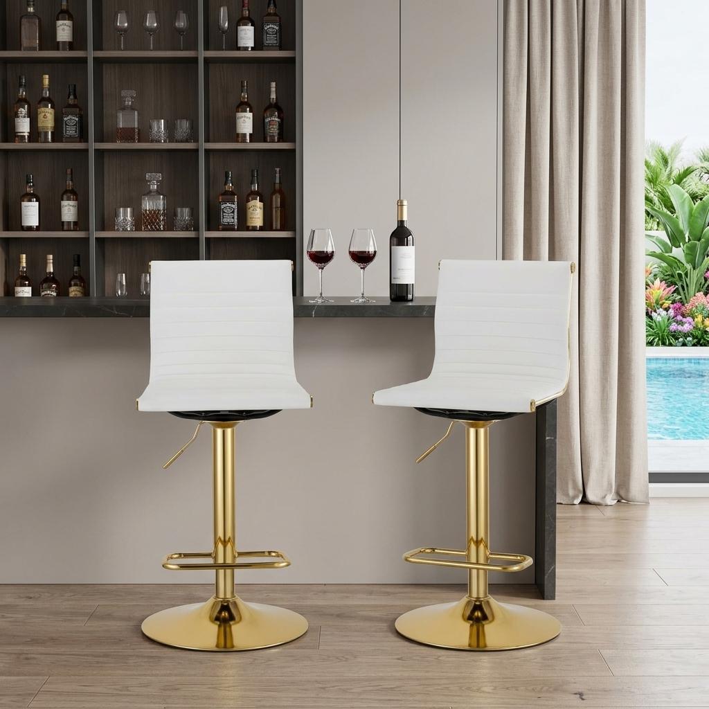 Set of Two White and Gold Faux Leather and Metal Low Back Adjustable Height Bar Chairs
