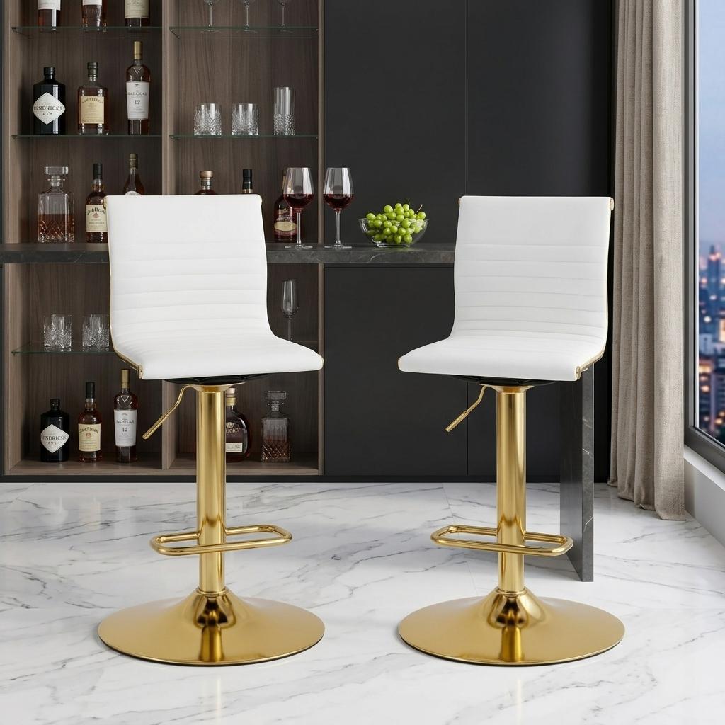 Set of Two White and Gold Faux Leather and Metal Low Back Adjustable Height Bar Chairs