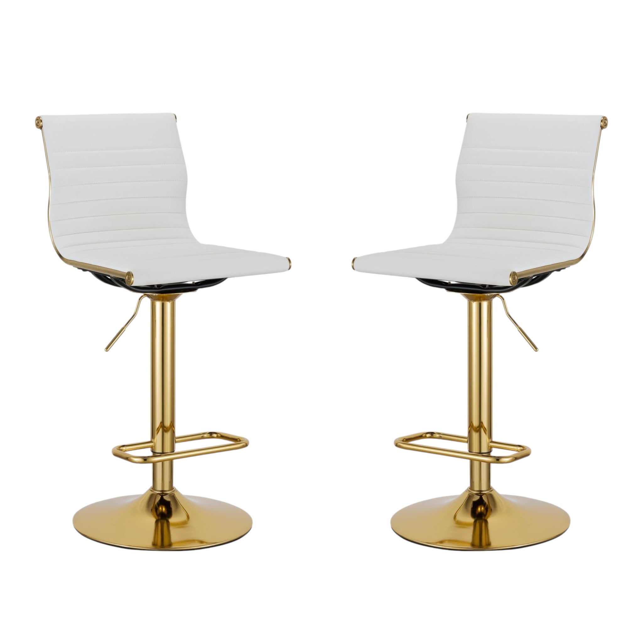 Set of Two White and Gold Faux Leather and Metal Low Back Adjustable Height Bar Chairs