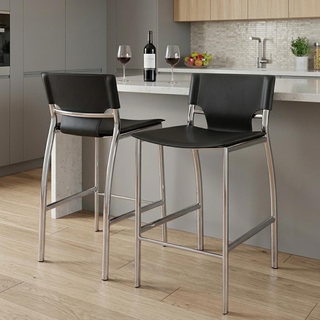 Set of Two 25" Black and Silver Faux Leather and Metal Low Back Counter Height Bar Chairs