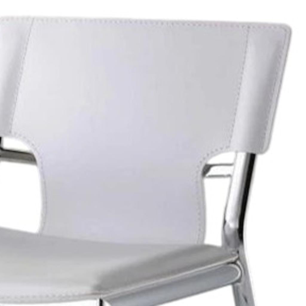 Set of Two 25" White and Silver Faux Leather and Metal Low Back Counter Height Bar Chairs