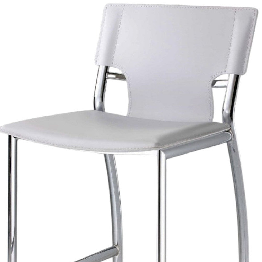 Set of Two 29" White and Silver Metal and Faux Leather Low Back Bar Height Bar Chairs