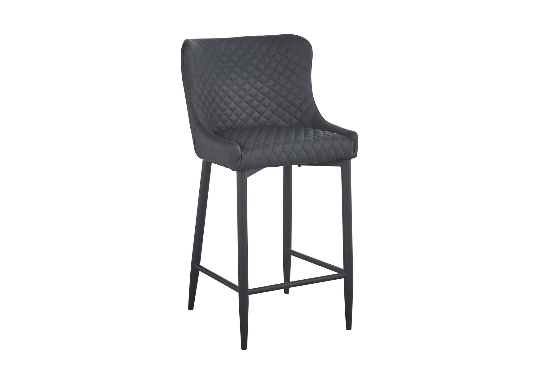 Set of Two 26" Dark Gray and Black Faux Leather and Metal Low Back Counter Height Bar Chairs
