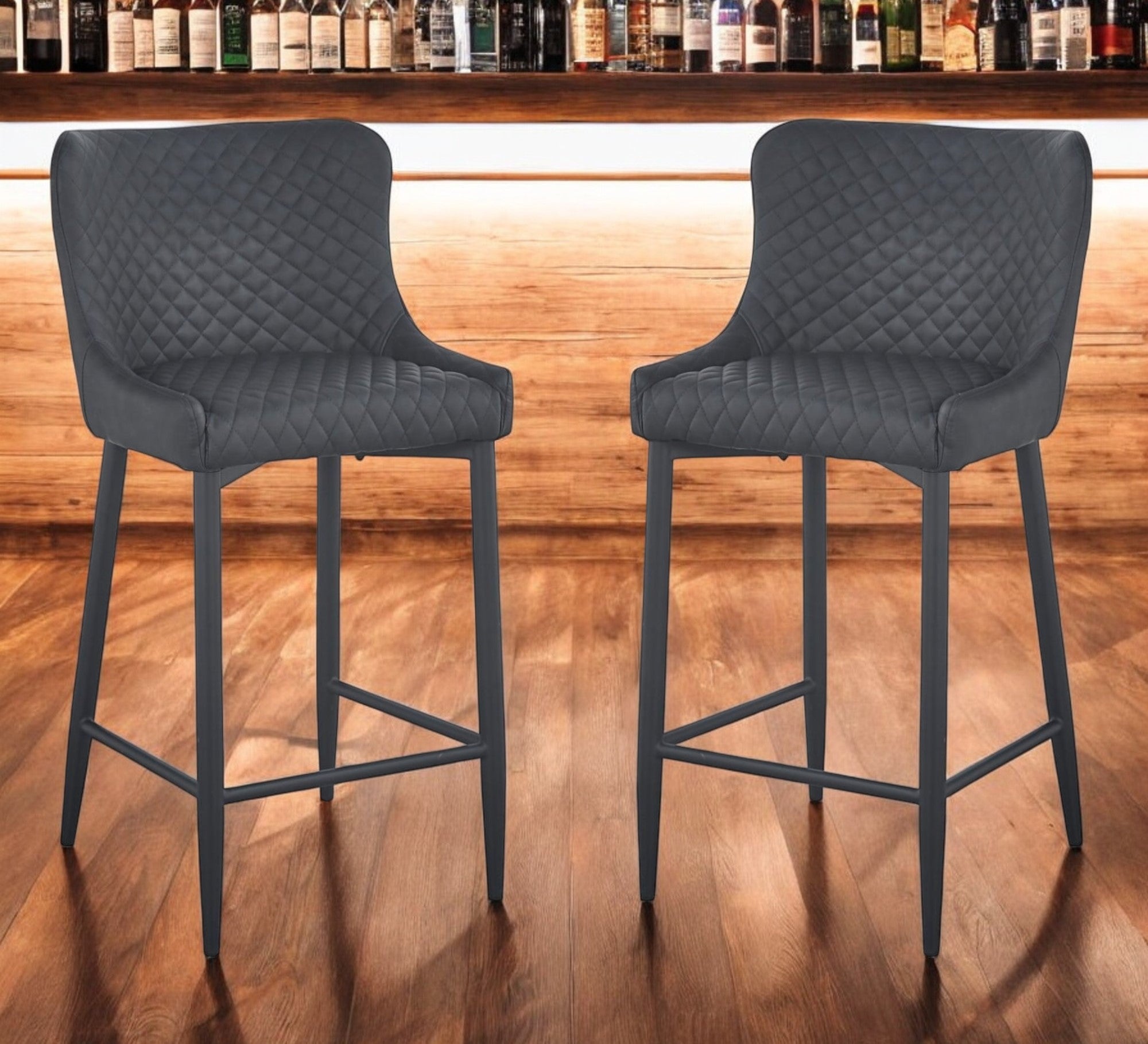 Set of Two 26" Dark Gray and Black Faux Leather and Metal Low Back Counter Height Bar Chairs