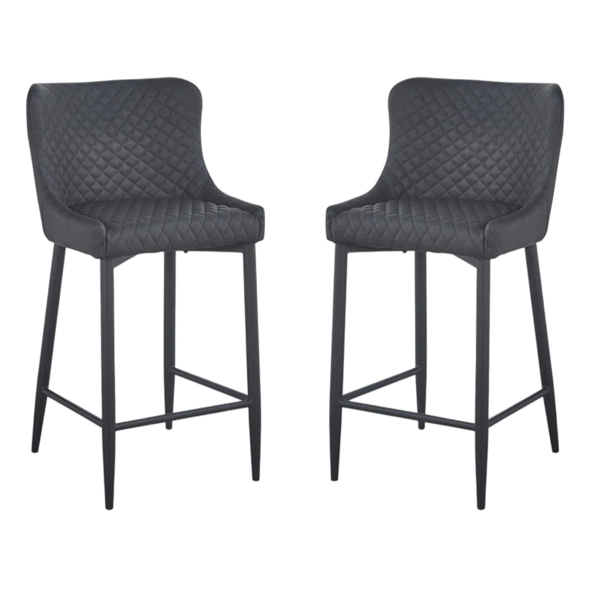 Set of Two 26" Dark Gray and Black Faux Leather and Metal Low Back Counter Height Bar Chairs