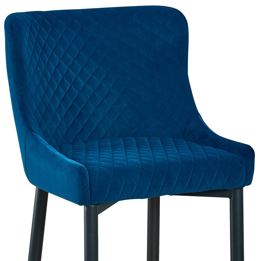 Set of Two 30" Blue and Black Velvet and Metal Low Back Bar Height Bar Chairs