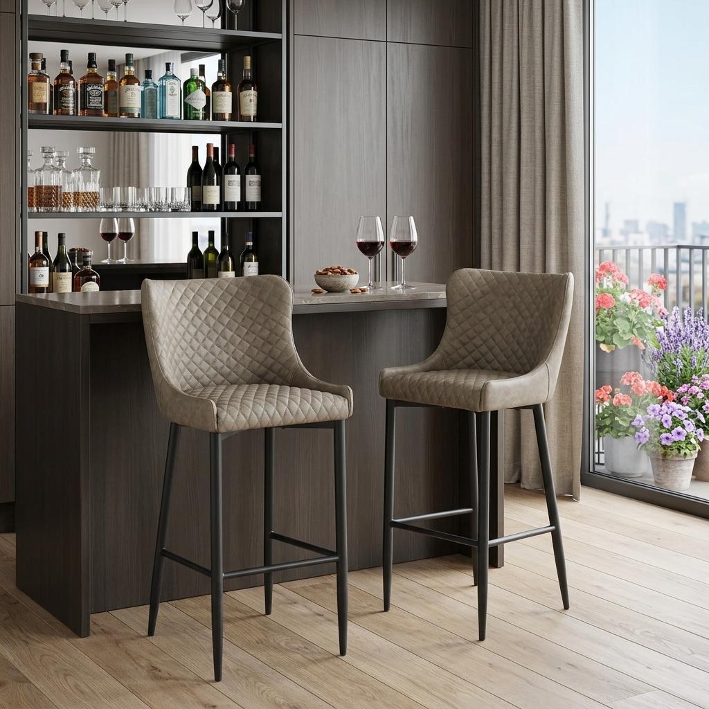 Set of Two 30" Gray and Black Faux Leather and Metal Low Back Bar Height Bar Chairs