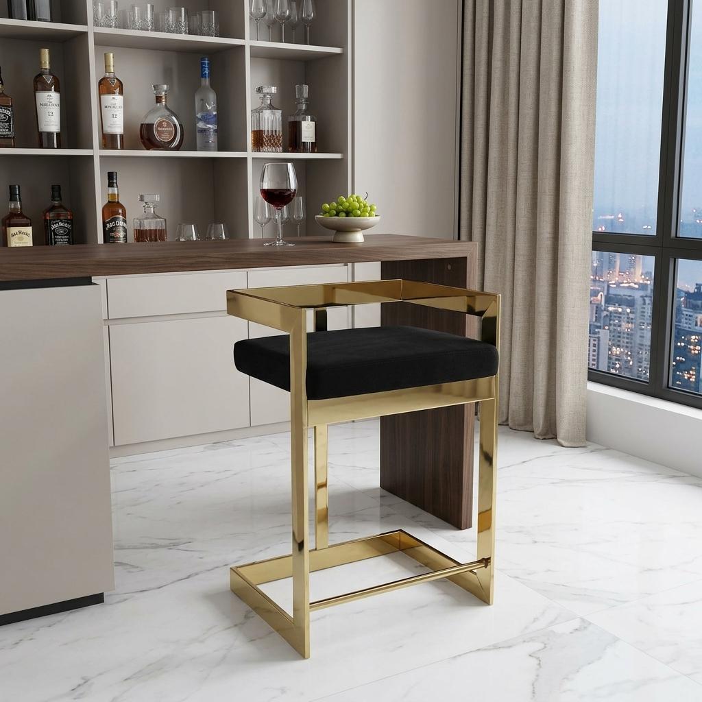 30" Black and Gold Velvet and Stainless Steel Low Back Bar Height Bar Chair