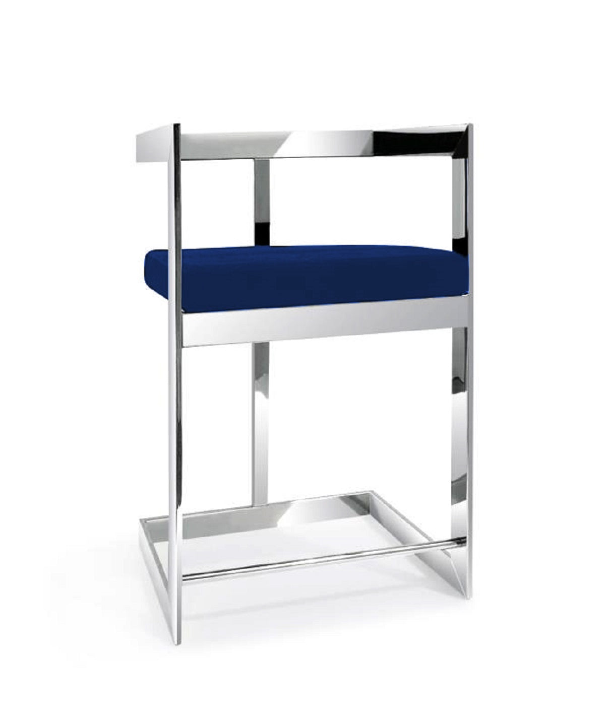 30" Blue and Silver Metal and Velvet Low Back Bar Height Bar Chair
