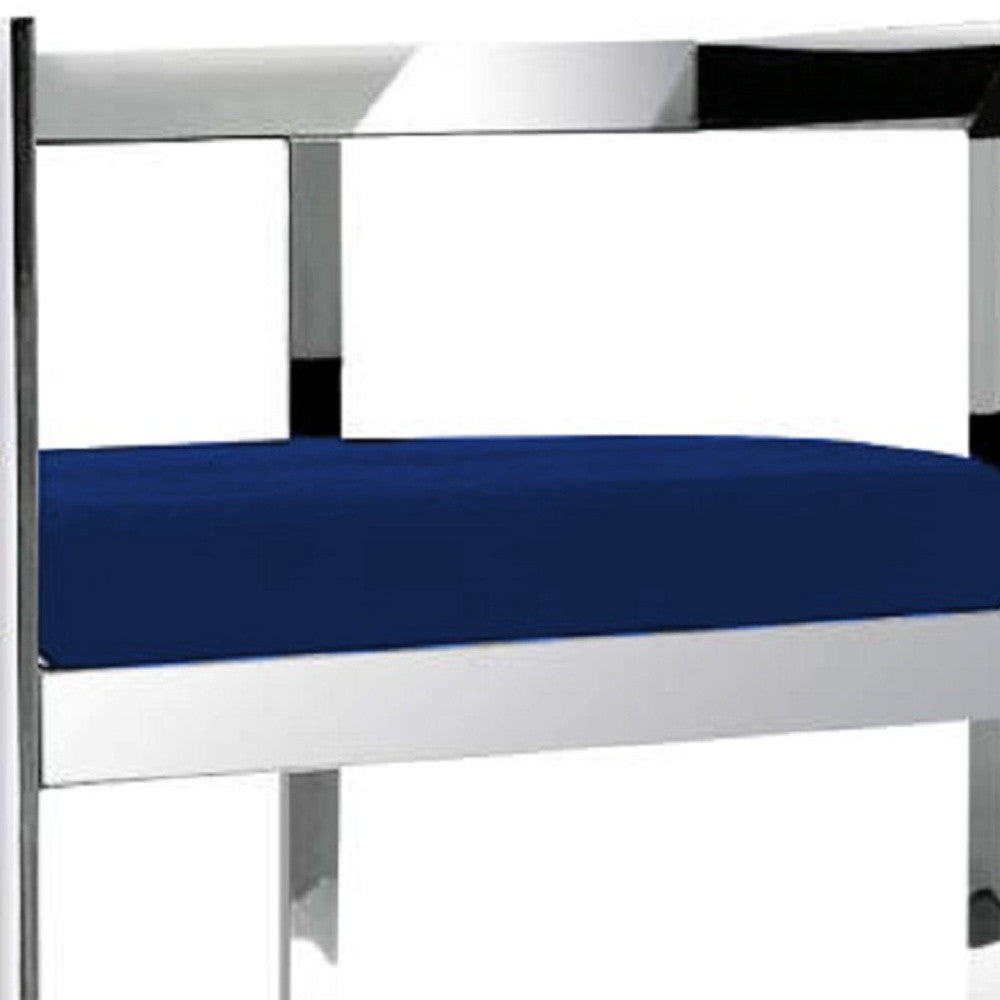 30" Blue and Silver Metal and Velvet Low Back Bar Height Bar Chair