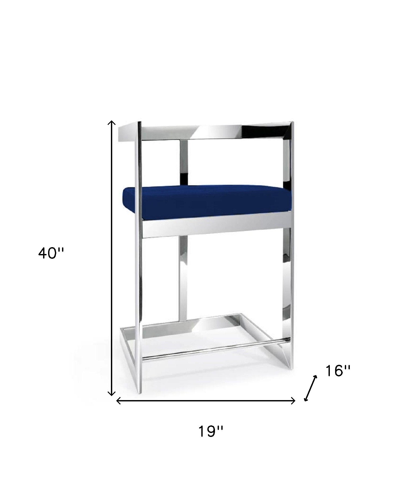 30" Blue and Silver Metal and Velvet Low Back Bar Height Bar Chair