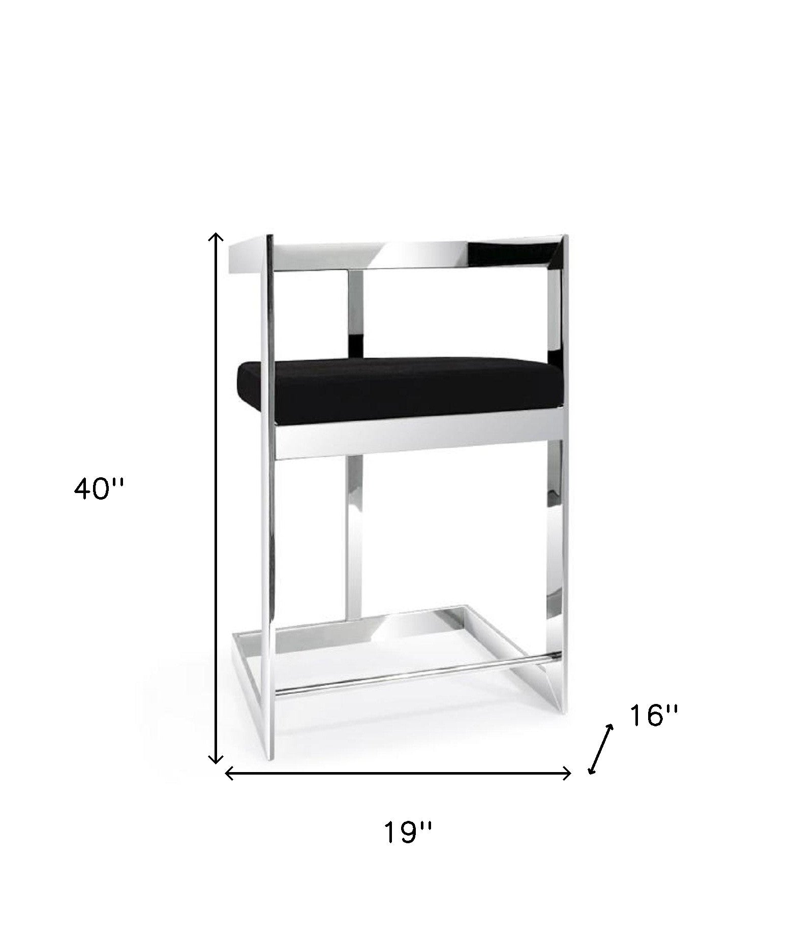 30" Black and Silver Velvet and Stainless Steel Low Back Bar Height Bar Chair