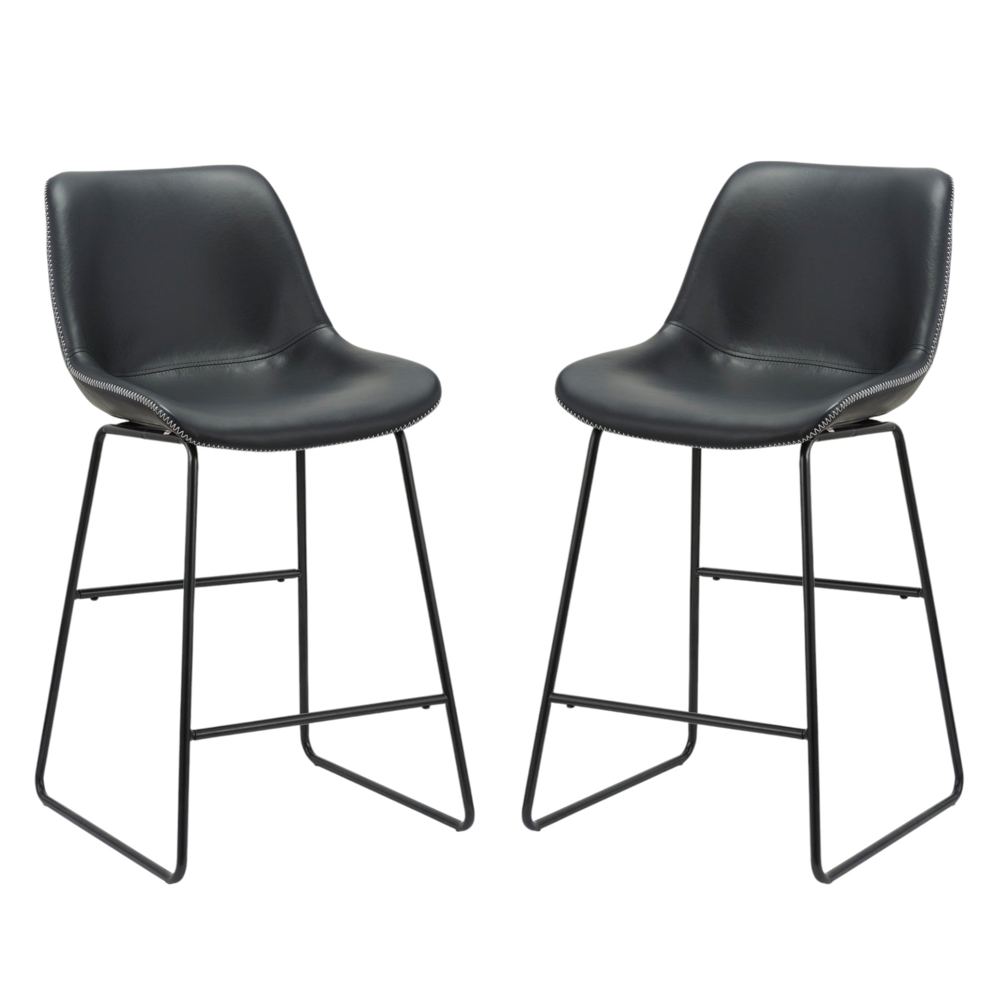Set of Two Black Faux Leather and Metal Low Back Counter Height Bar Chairs