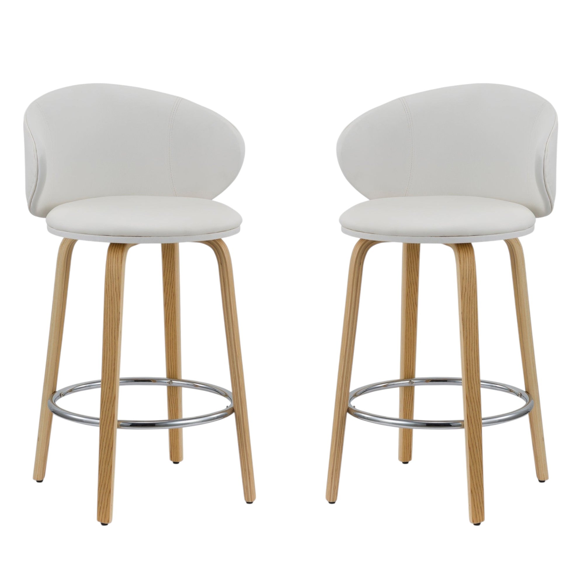 Set of Two 26" White and Brown Faux Leather and Solid Wood Low Back Counter Height Bar Chairs