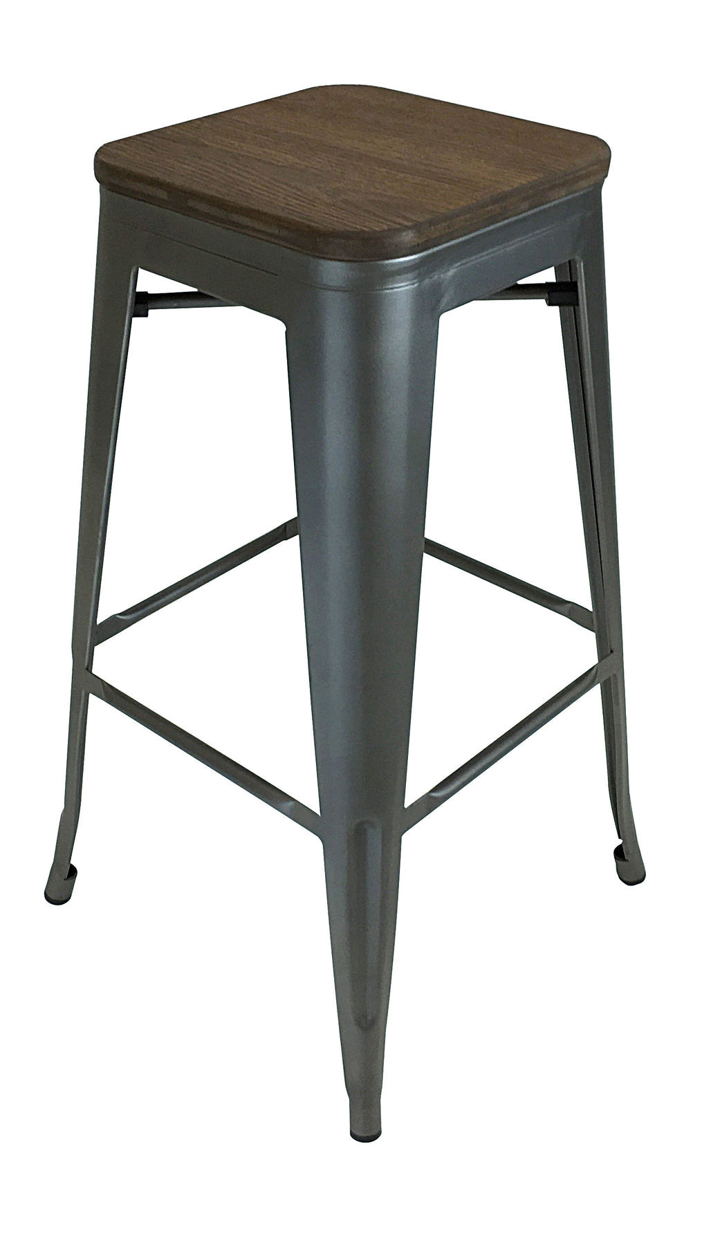 Set of Four 30" Brown and Gunmetal Solid Wood and Metal Backless Bar Height Bar Chairs