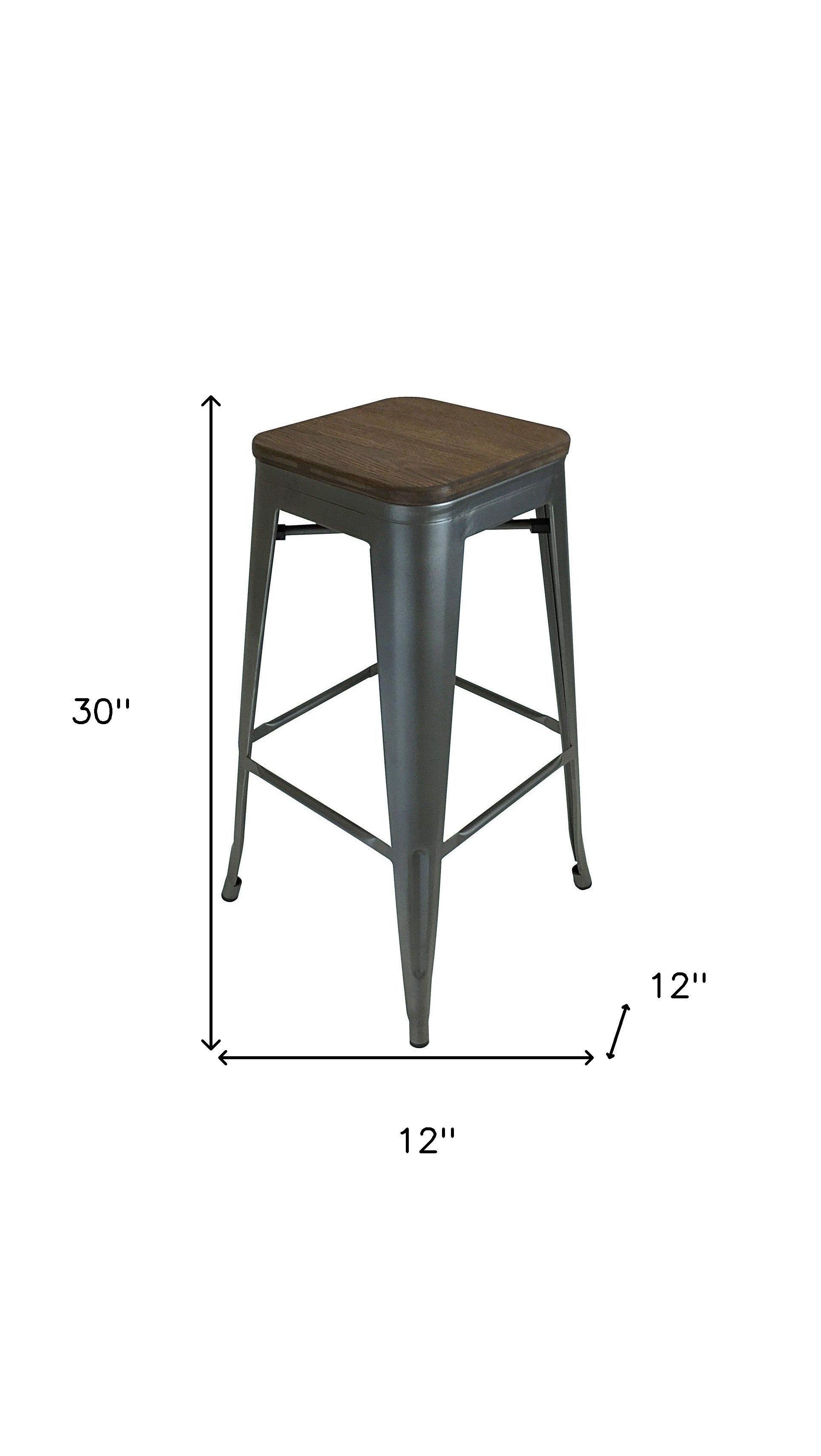Set of Four 30" Brown and Gunmetal Solid Wood and Metal Backless Bar Height Bar Chairs