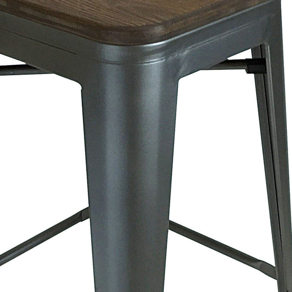 Set of Four 30" Brown and Gunmetal Solid Wood and Metal Backless Bar Height Bar Chairs
