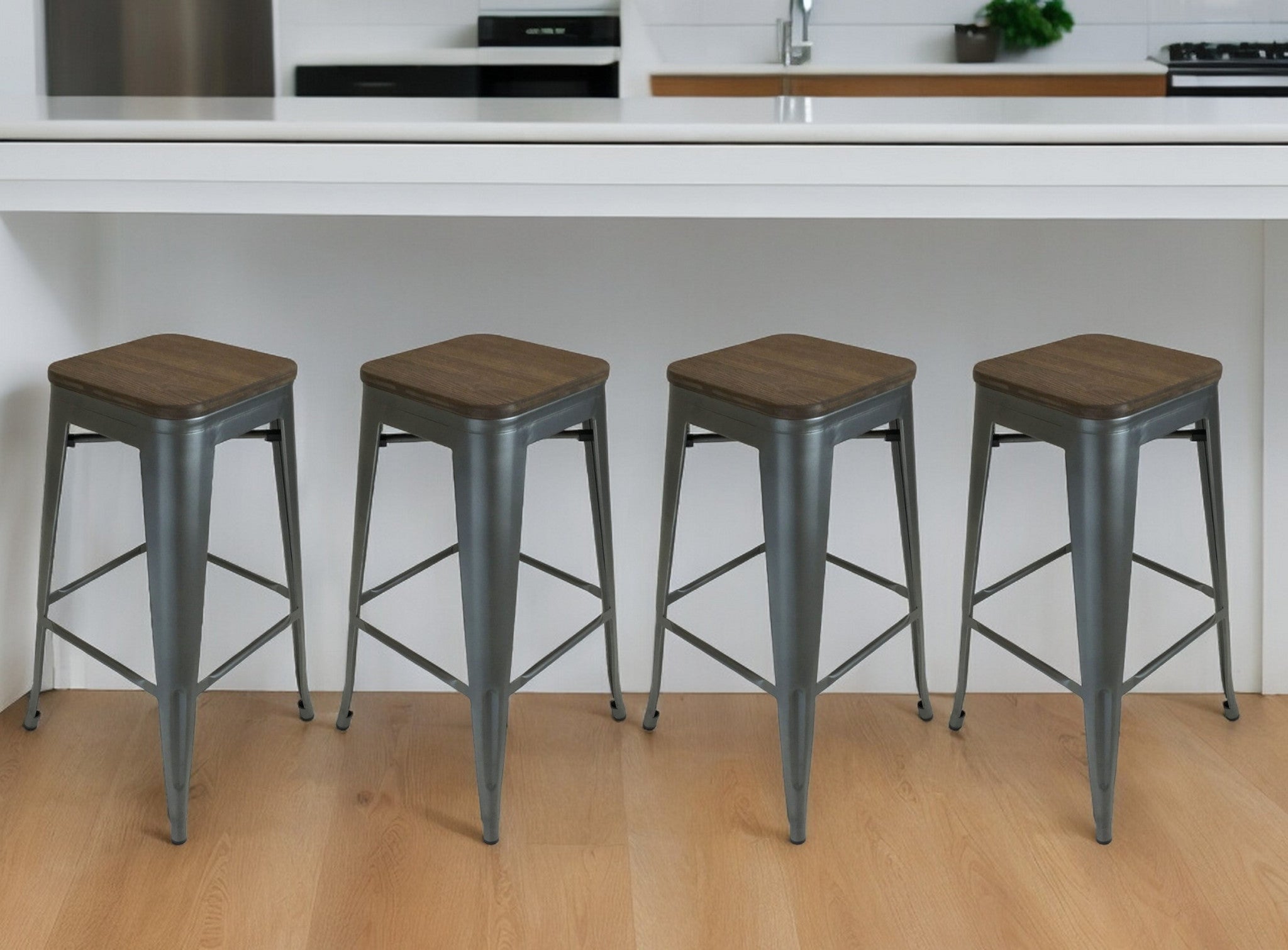 Set of Four 30" Brown and Gunmetal Solid Wood and Metal Backless Bar Height Bar Chairs