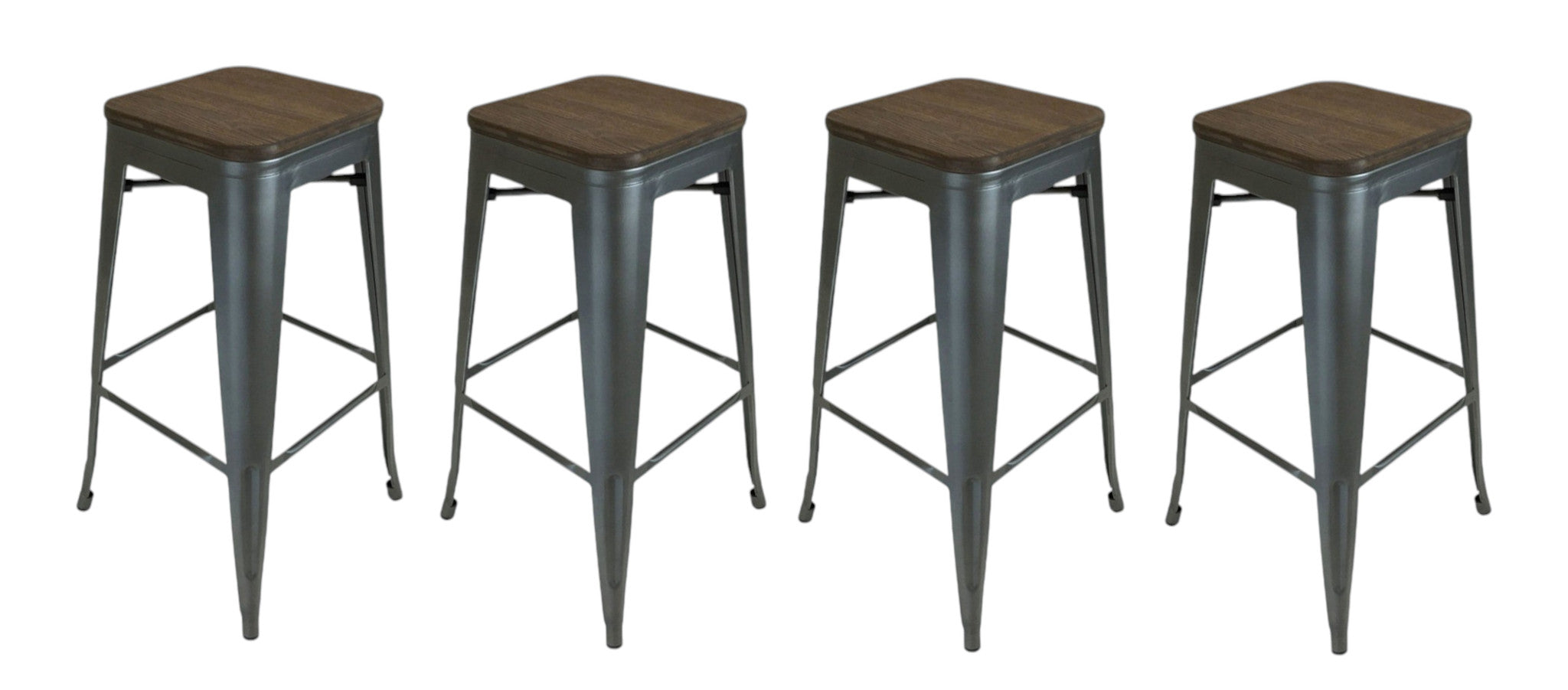 Set of Four 30" Brown and Gunmetal Solid Wood and Metal Backless Bar Height Bar Chairs