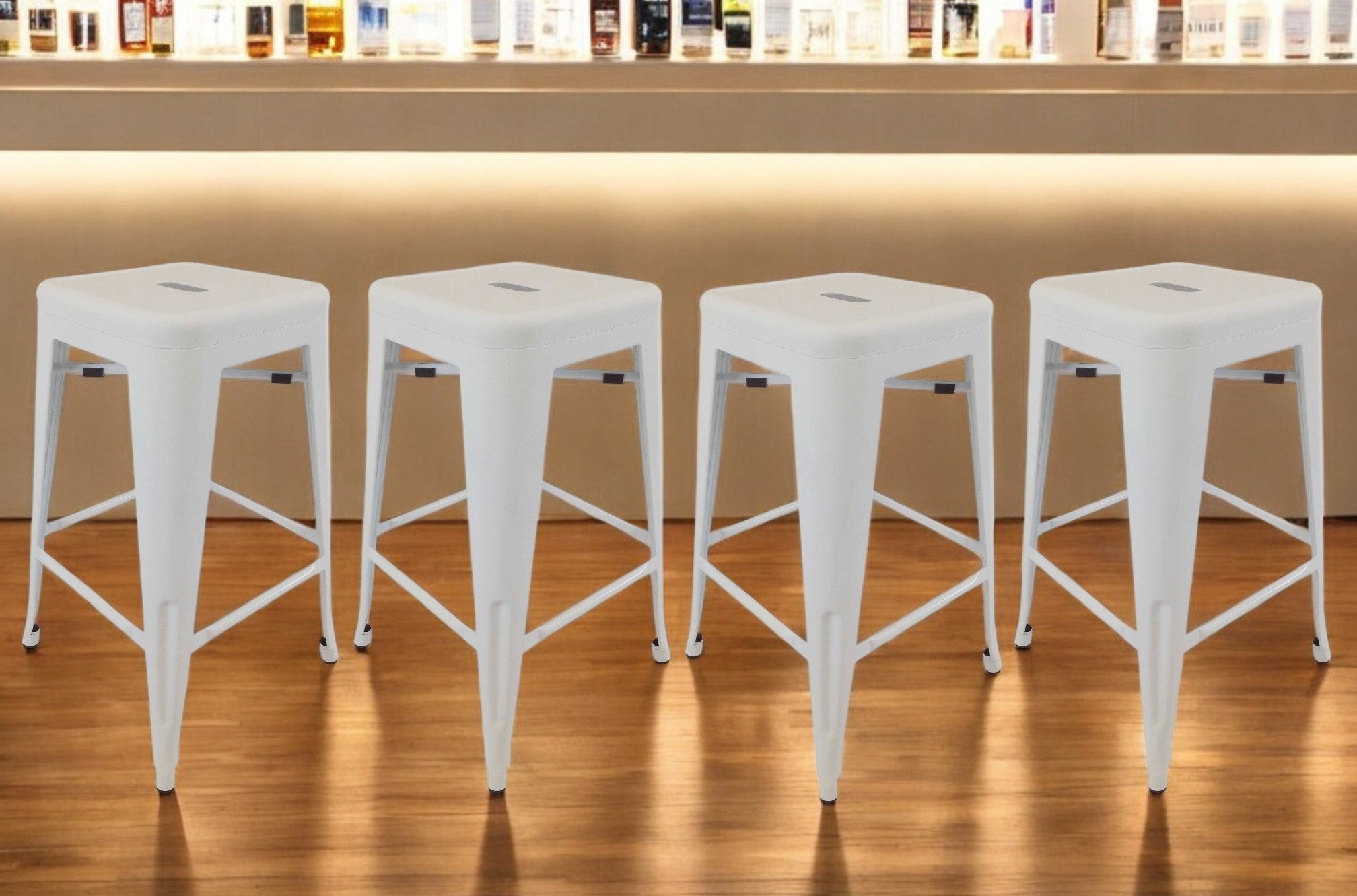 Set of Four 30" White Steel and Metal Backless Bar Height Bar Chairs