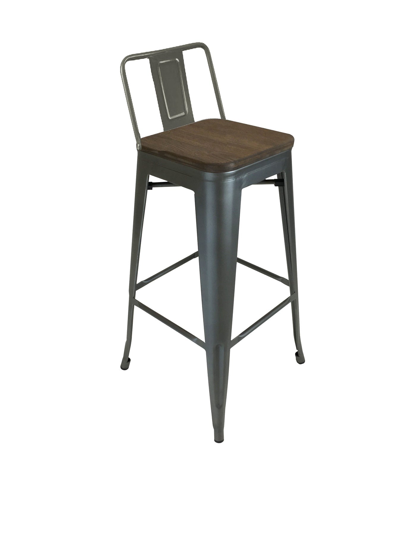 Set of Four 30" Brown and Gunmetal Solid Wood and Metal Low Back Bar Height Bar Chairs