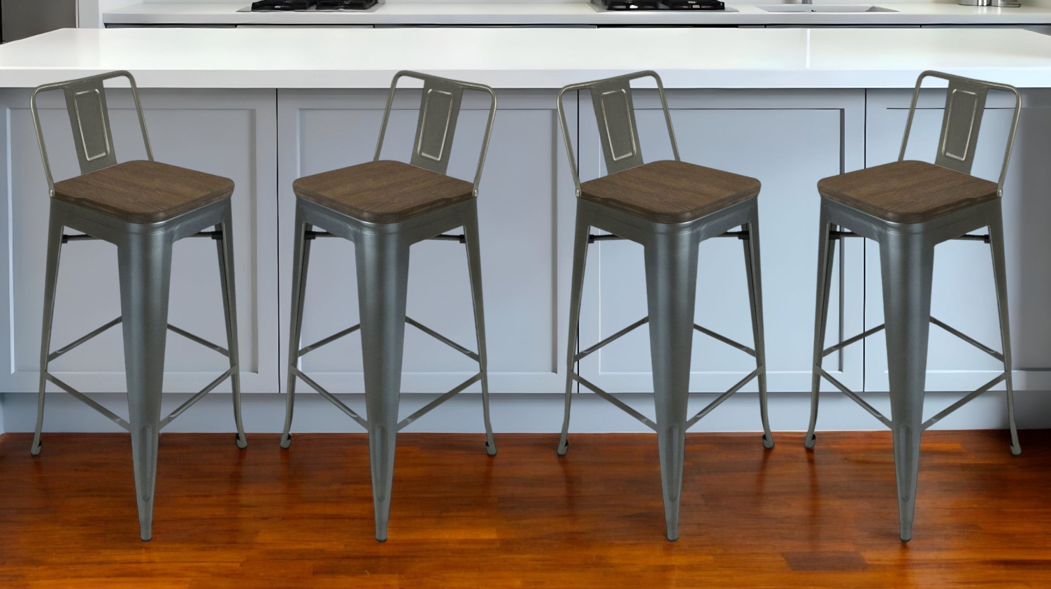 Set of Four 30" Brown and Gunmetal Solid Wood and Metal Low Back Bar Height Bar Chairs