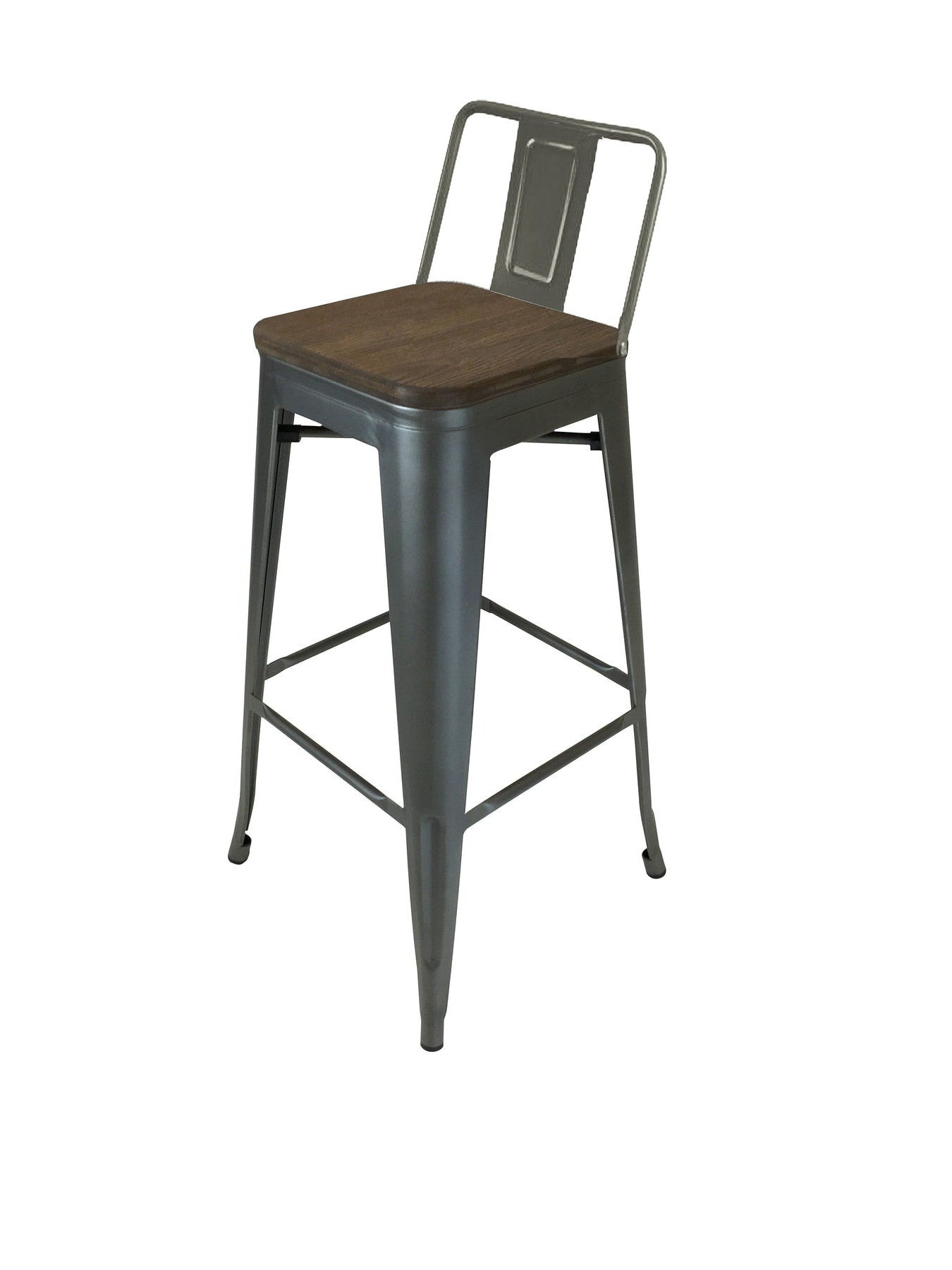 Set of Four 30" Brown and Gunmetal Solid Wood and Metal Low Back Bar Height Bar Chairs