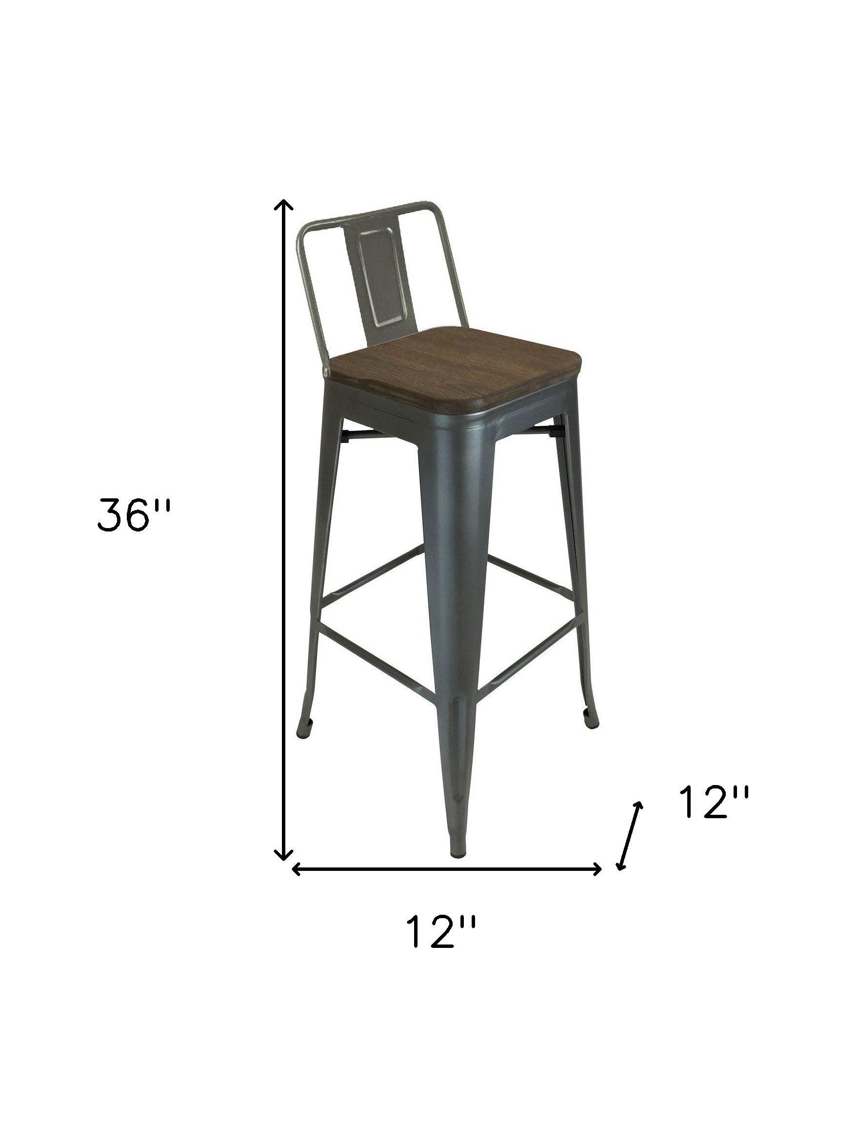 Set of Four 30" Brown and Gunmetal Solid Wood and Metal Low Back Bar Height Bar Chairs