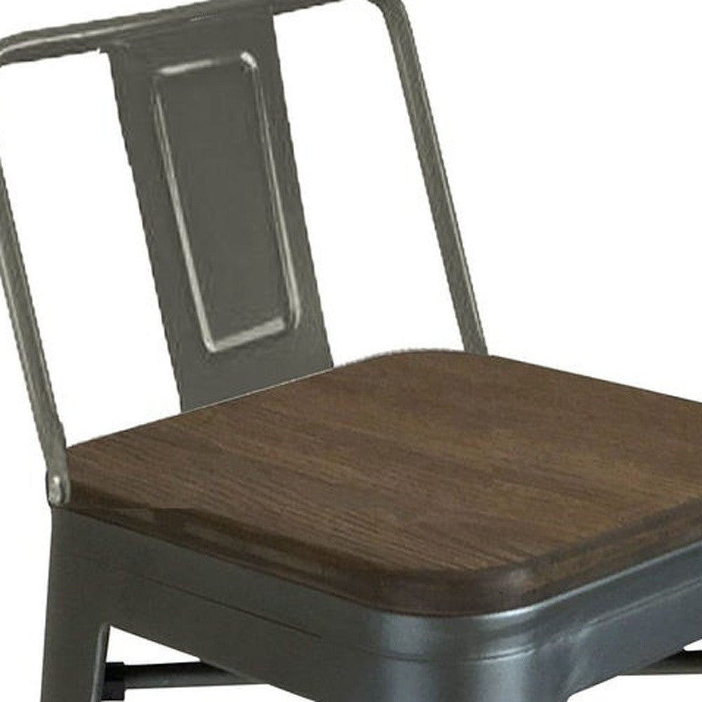 Set of Four 30" Brown and Gunmetal Solid Wood and Metal Low Back Bar Height Bar Chairs