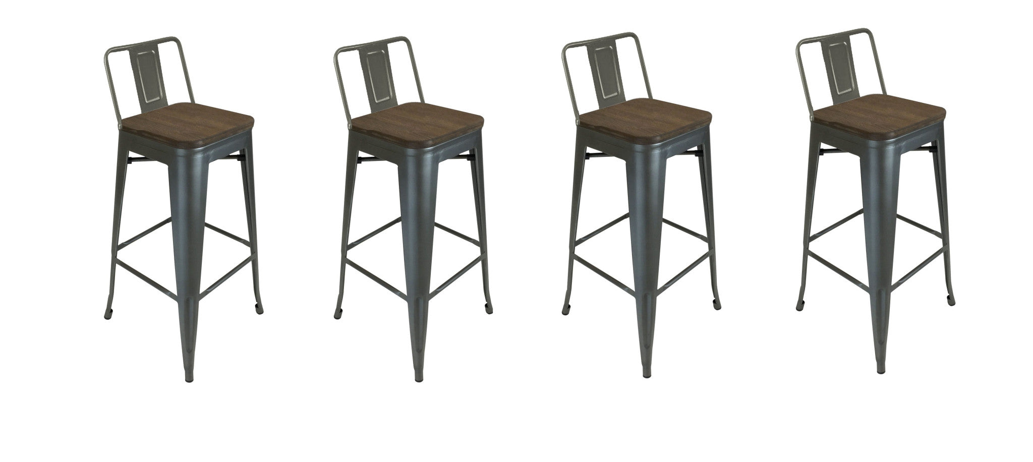 Set of Four 30" Brown and Gunmetal Solid Wood and Metal Low Back Bar Height Bar Chairs
