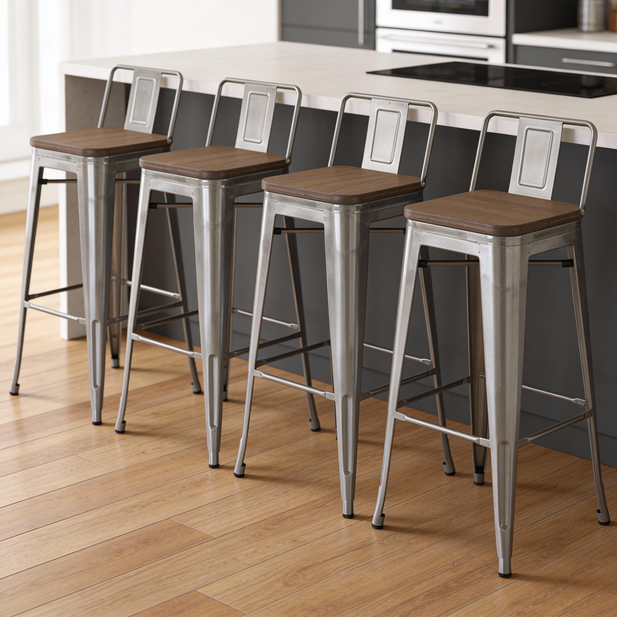 Set of Four 30" Brown and Gray Solid Wood and Metal Low Back Bar Height Bar Chairs