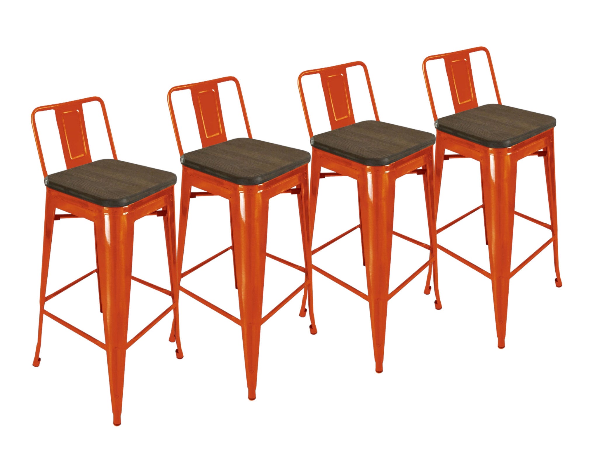 Set of Four 30" Brown and Orange Solid Wood and Steel Low Back Bar Height Bar Chairs