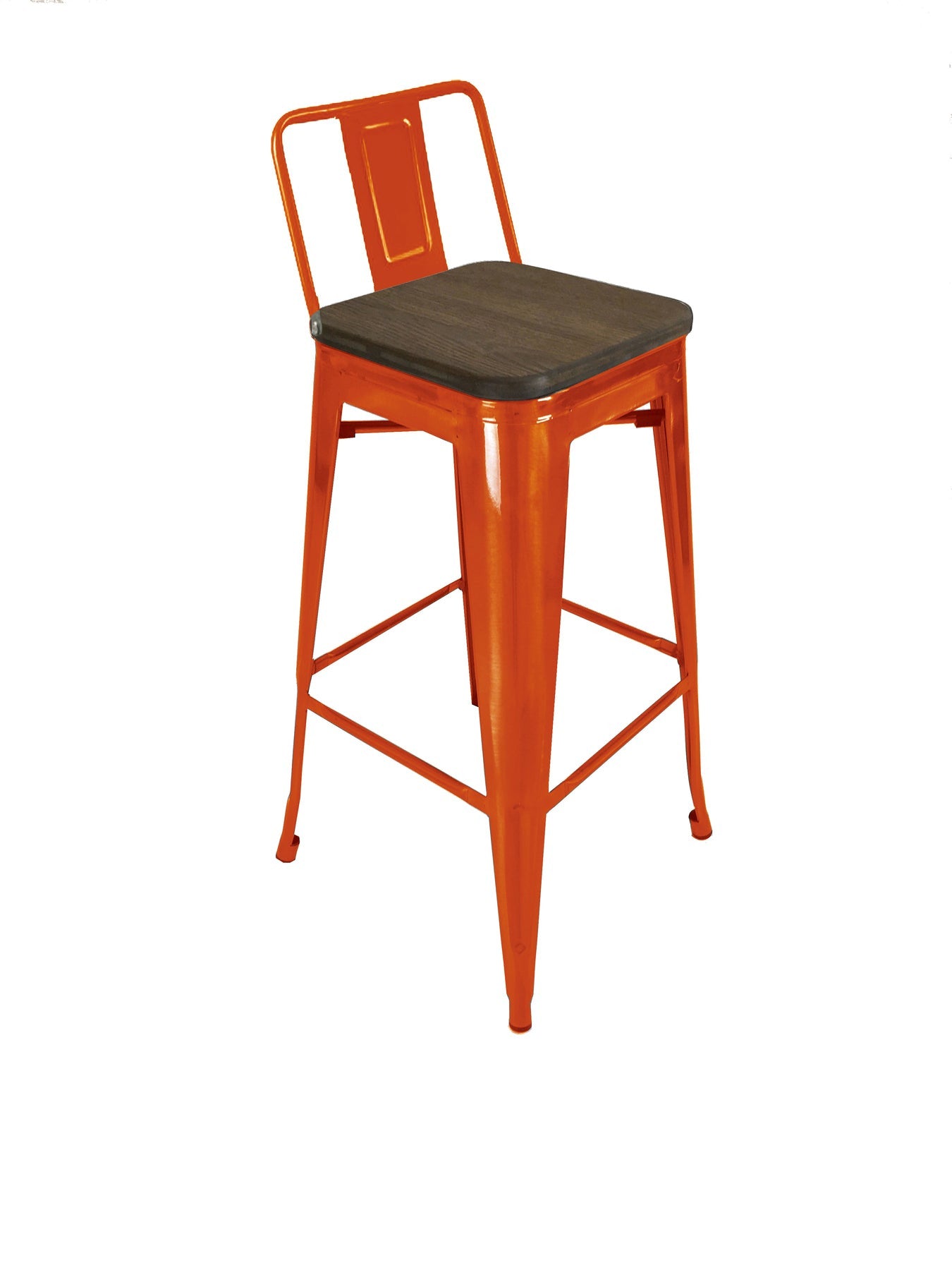 Set of Four 26" Brown and Orange Solid Wood and Metal Low Back Counter Height Bar Chairs