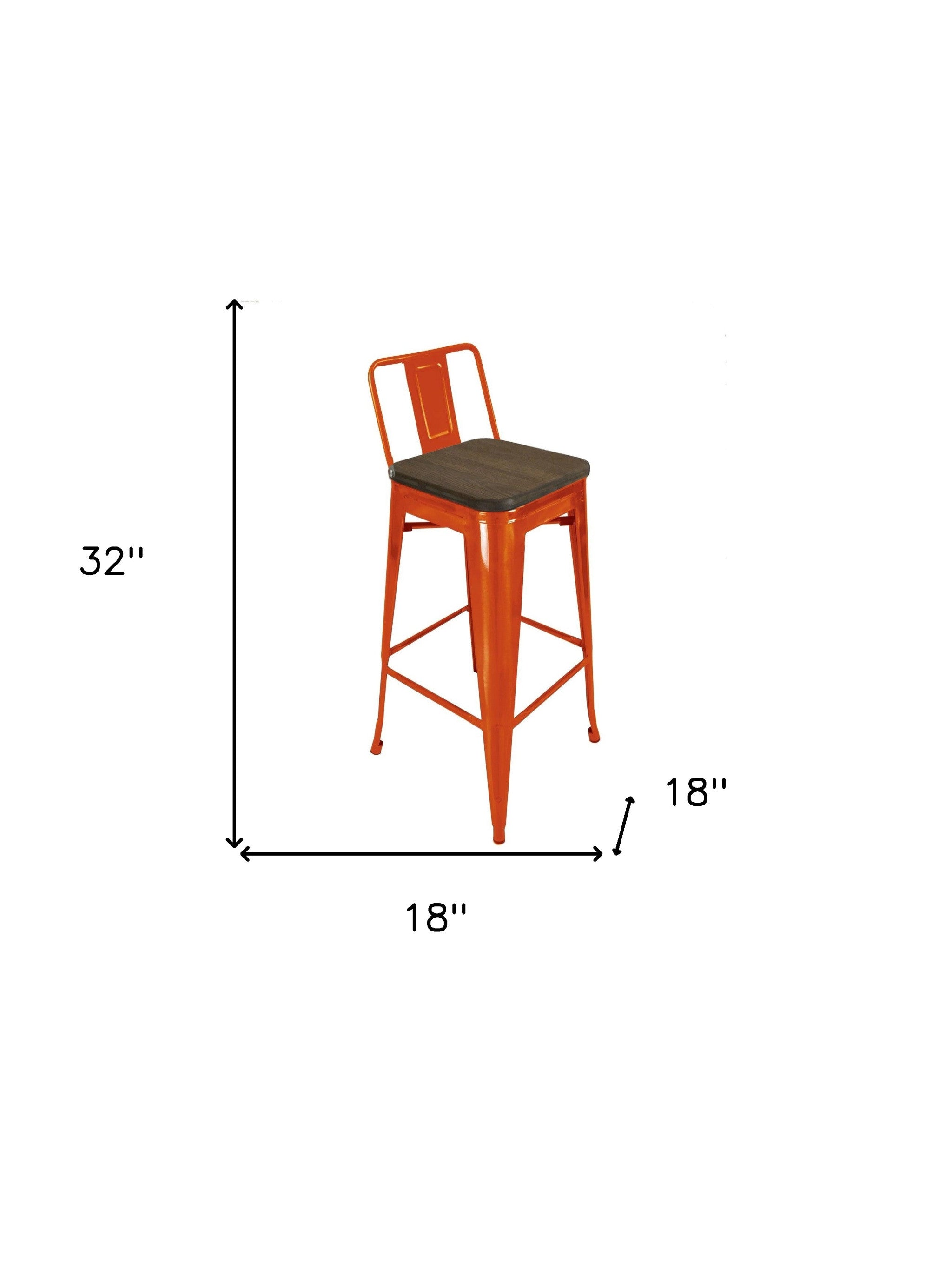 Set of Four 26" Brown and Orange Solid Wood and Metal Low Back Counter Height Bar Chairs