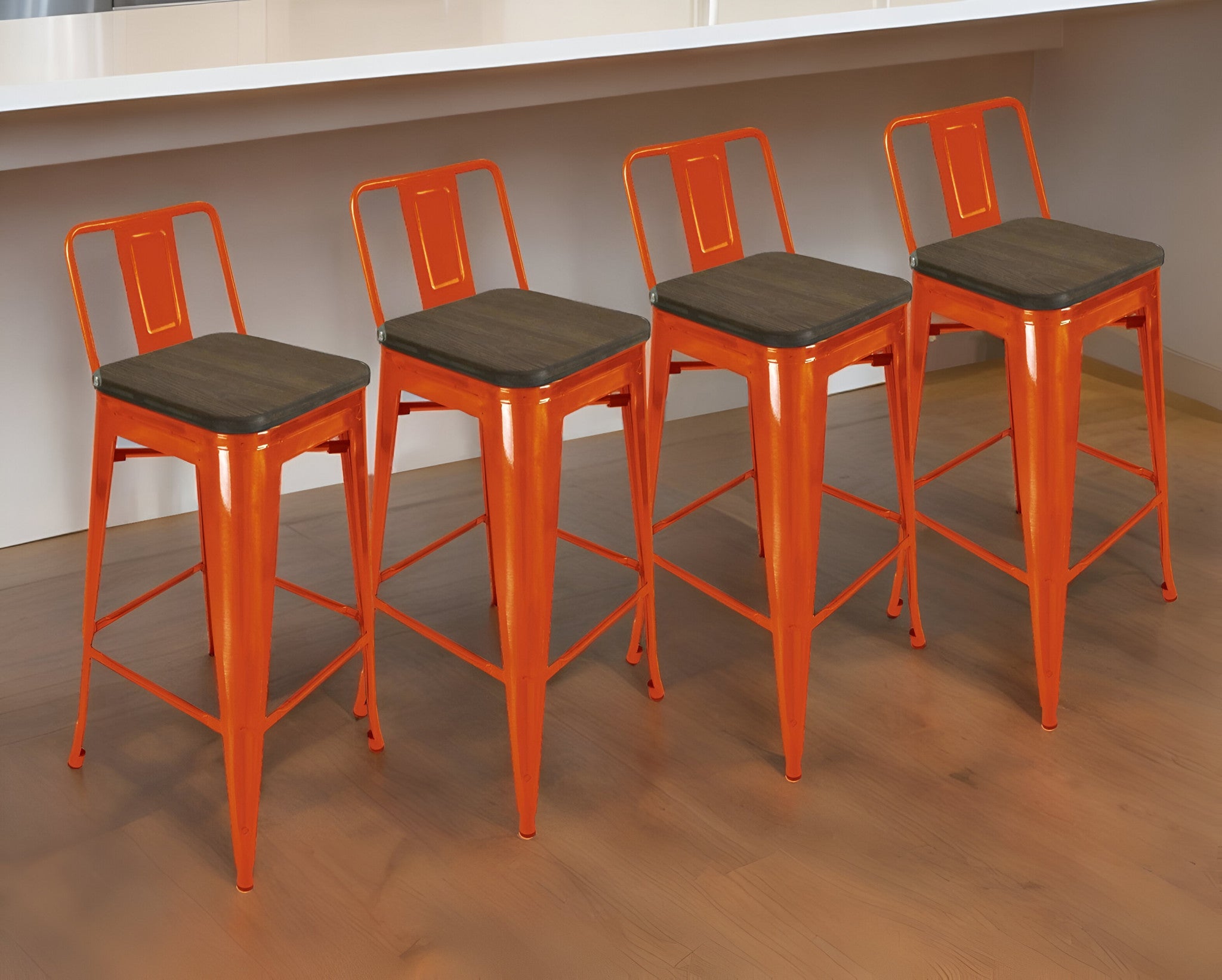 Set of Four 26" Brown and Orange Solid Wood and Metal Low Back Counter Height Bar Chairs